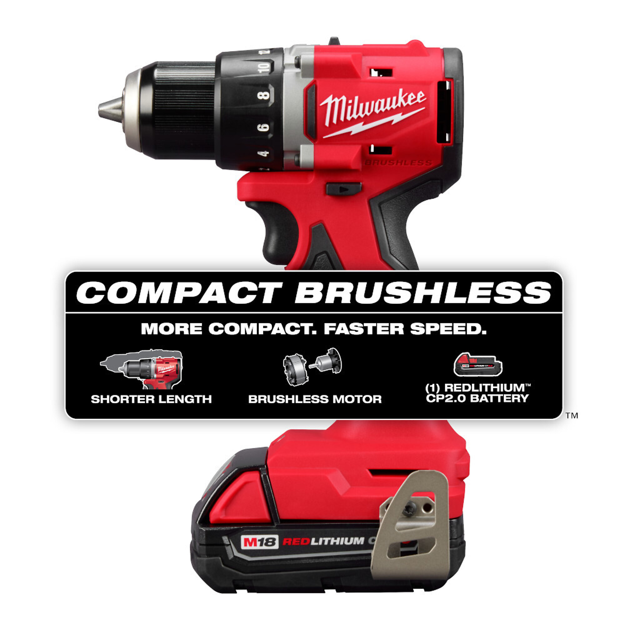 Milwaukee, M18 Compact Brushless 1/2in. Drill/Driver Kit, Chuck Size 1/