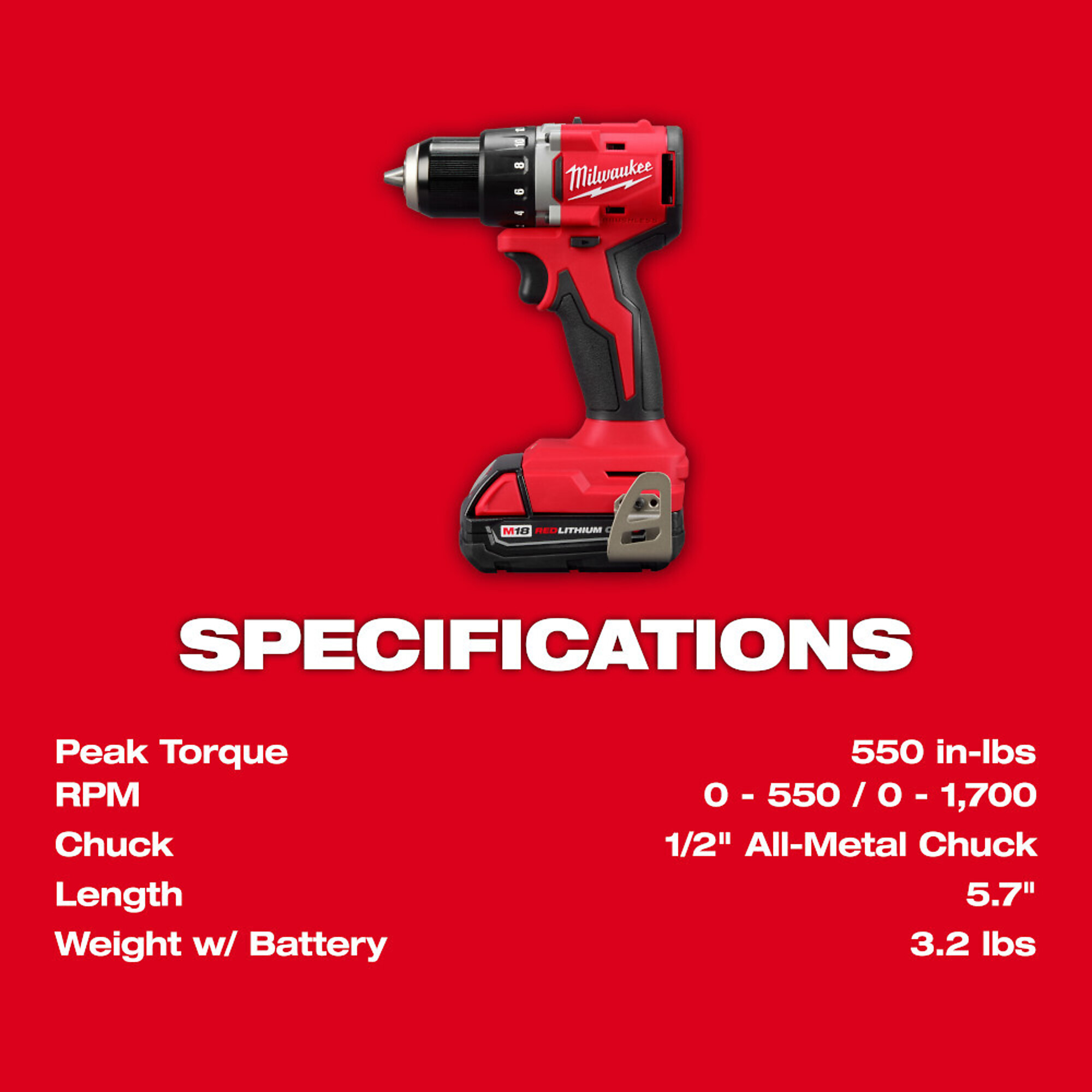 Milwaukee, M18 Compact Brushless 1/2in. Drill/Driver Kit, Chuck Size 1/