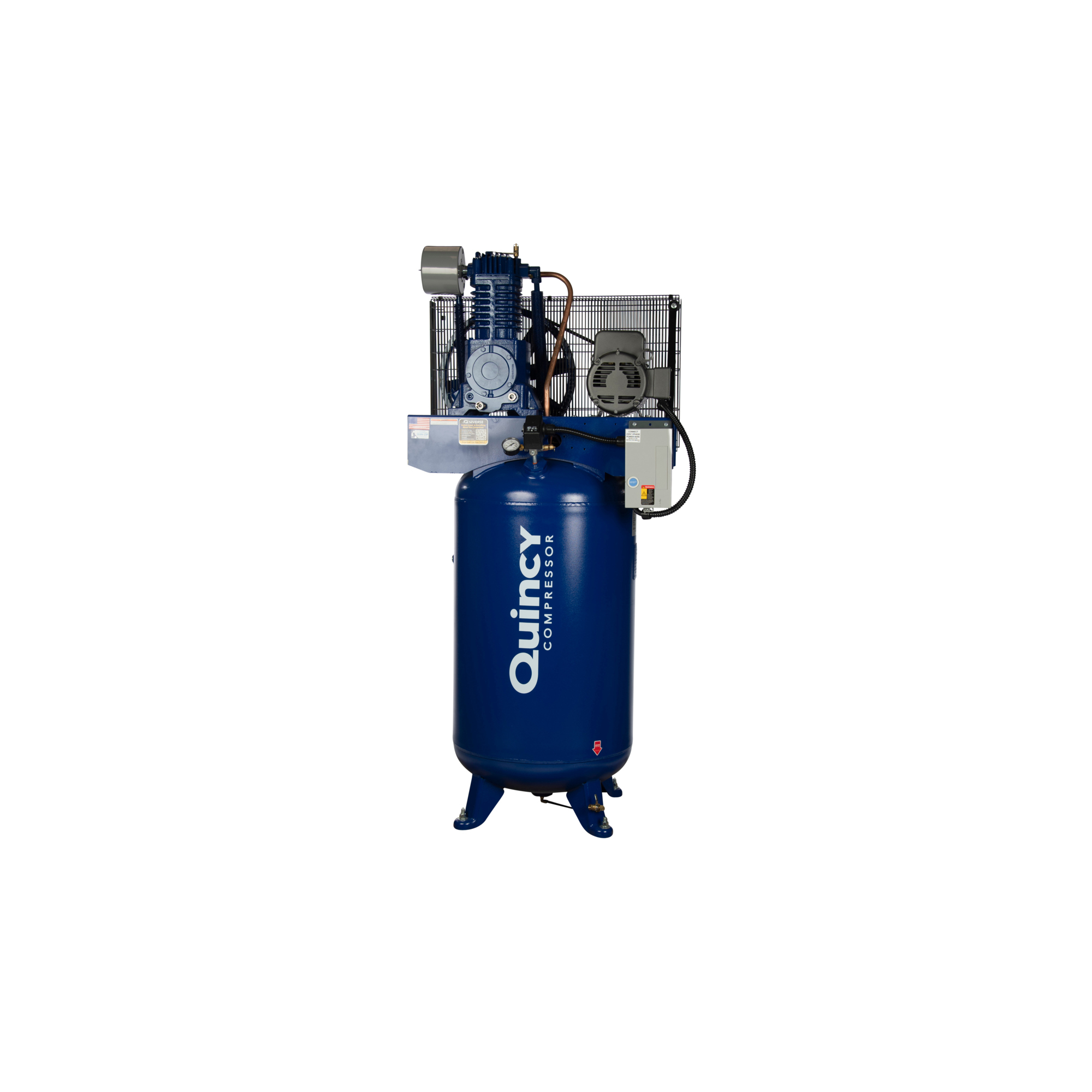 Quincy Compressor, QT 7.5hp 80G 2Stg Air Compressor 200V 3ph V PRO, Horsepower 7.5 HP, Air Tank Size 80 Gal, Volts 200 Model# 473DS80VCB20