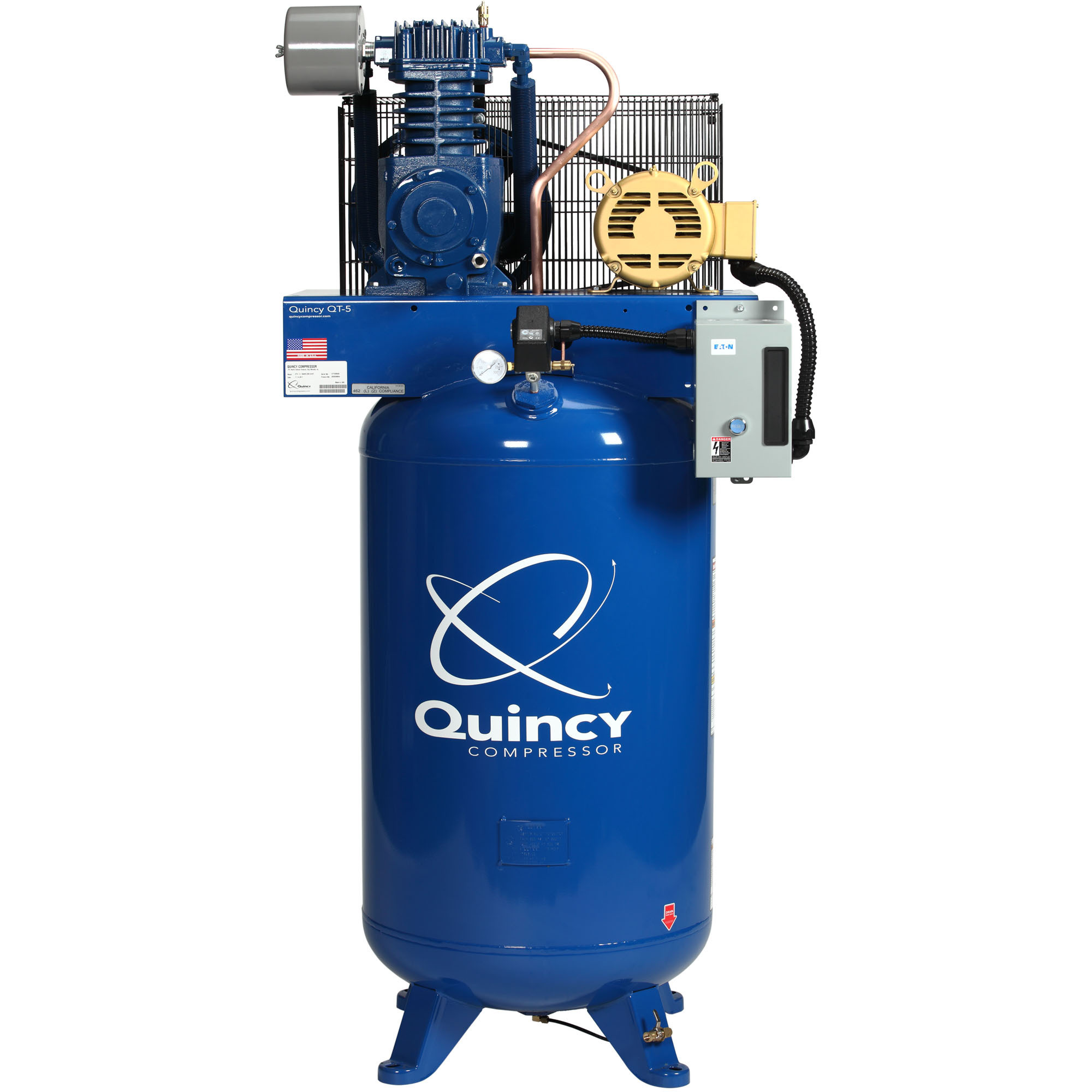 Quincy Compressor, QT 5hp 80G 2Stg Air Compressor 460V 3ph V PRO, Horsepower 5 HP, Air Tank Size 80 Gal, Volts 460 Model# 453DS80VCB46