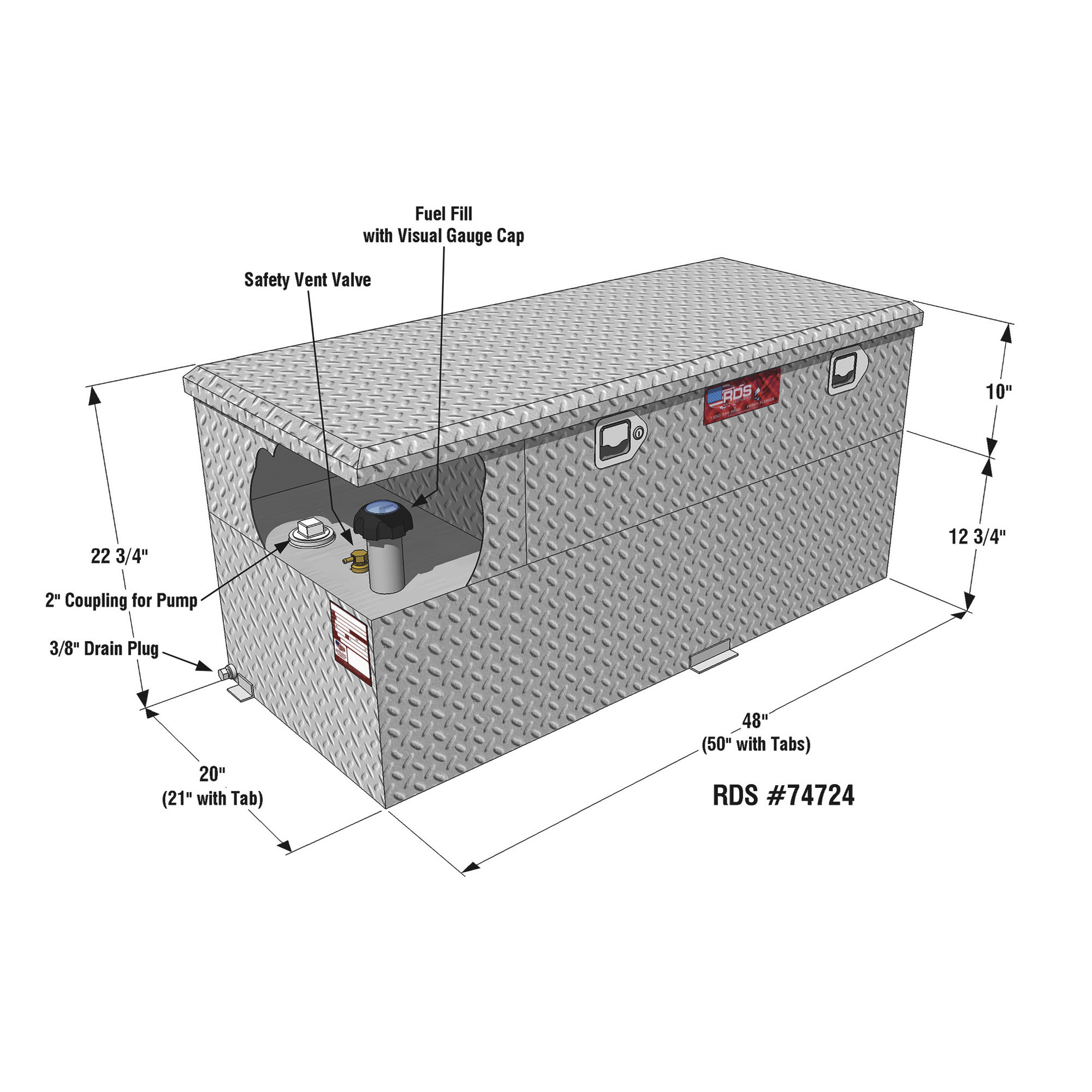 RDS, Alum. Transfer Fuel Tank Toolbox Combo w/12v.Pump, Capacity 50 Gal ...