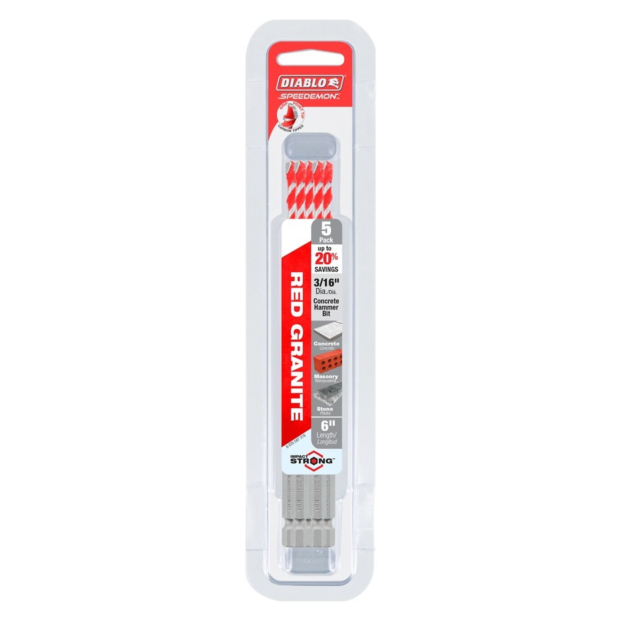Diablo 3/16in. x 4in. x 6in. Carbide-Tipped Hammer Bits, 5-Pack, Model# DMARG1030-P5