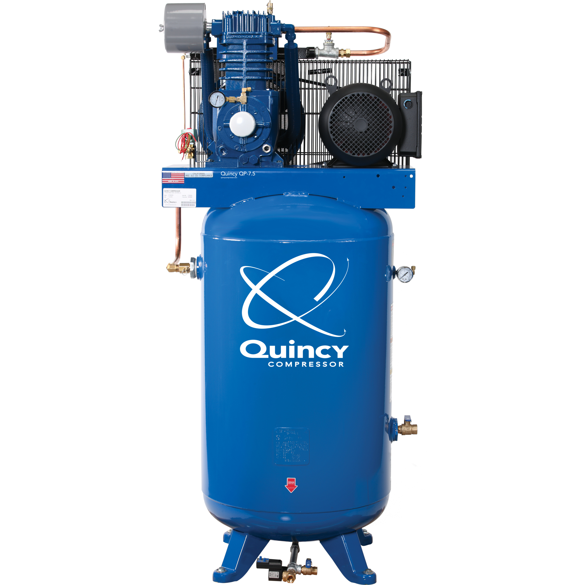 Quincy Compressor, QP 7.5H 80G 2S Air Compressor 200V 3ph V MAX, Horsepower 7.5 HP, Air Tank Size 80 Gal, Volts 200 Model# 573D80VCA20M