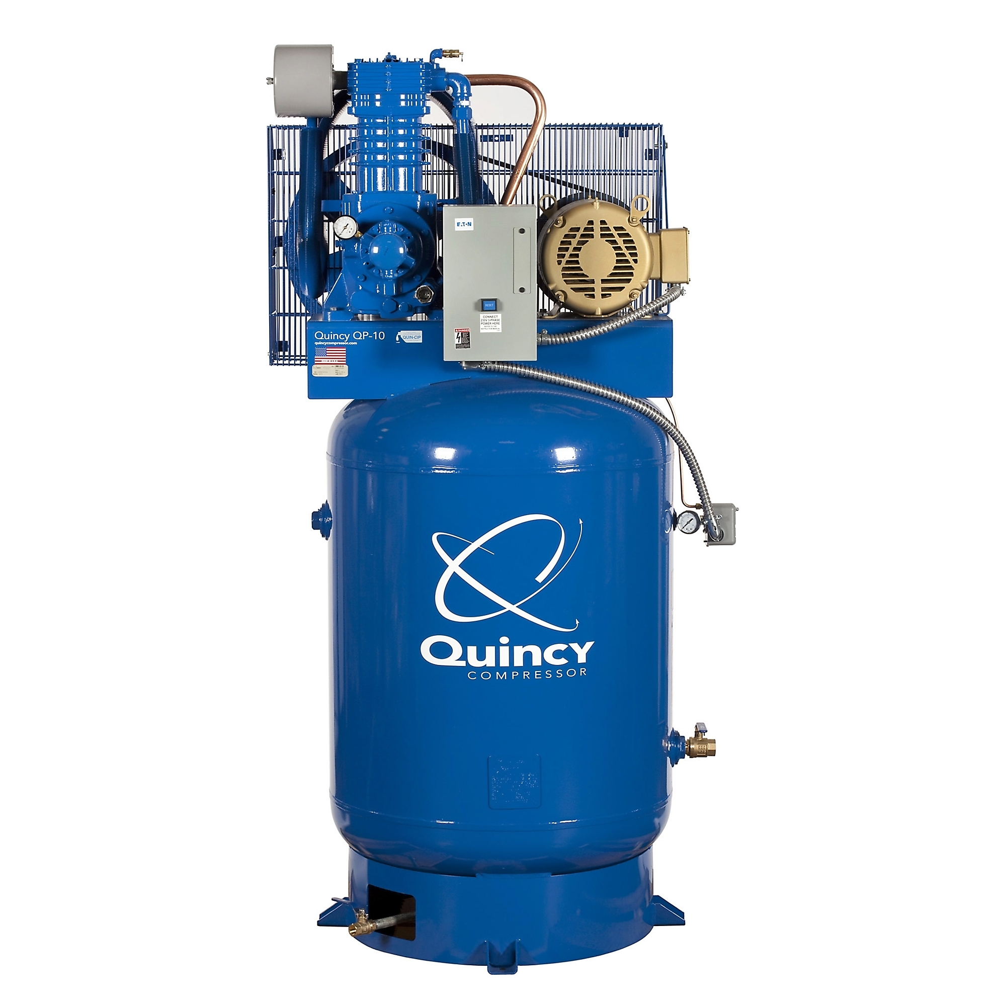 Quincy Compressor, QP 10H 120G 2Stg Air Compressor 230V 3ph V PRO, Horsepower 10 HP, Air Tank Size 120 Gal, Volts 230 Model# 5103DS12VCA23
