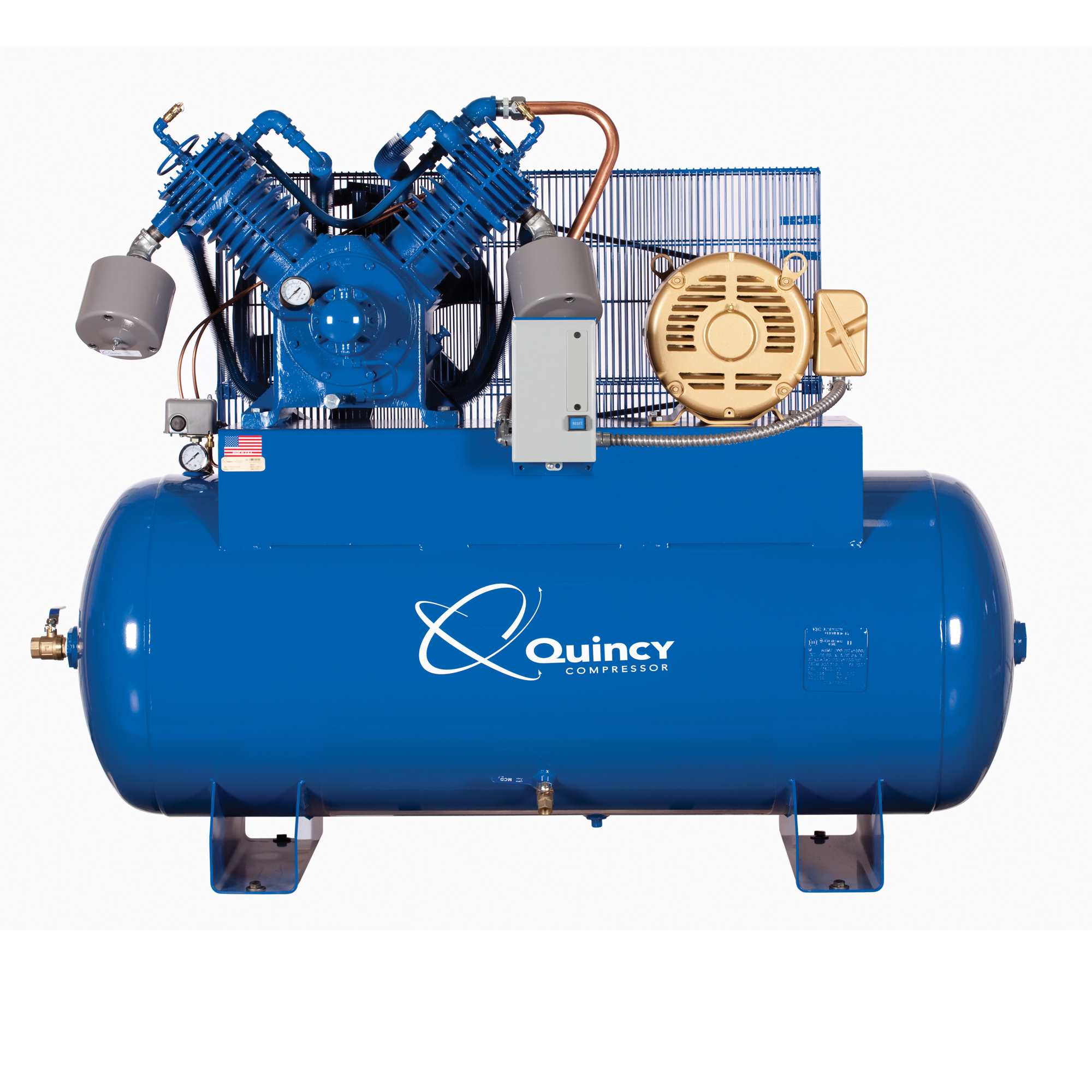 Quincy Compressor, QP 15H 120G 2S Air Compressor 200V 3ph H MAX, Horsepower 15 HP, Air Tank Size 120 Gal, Volts 200 Model# 5153D12HCB20M