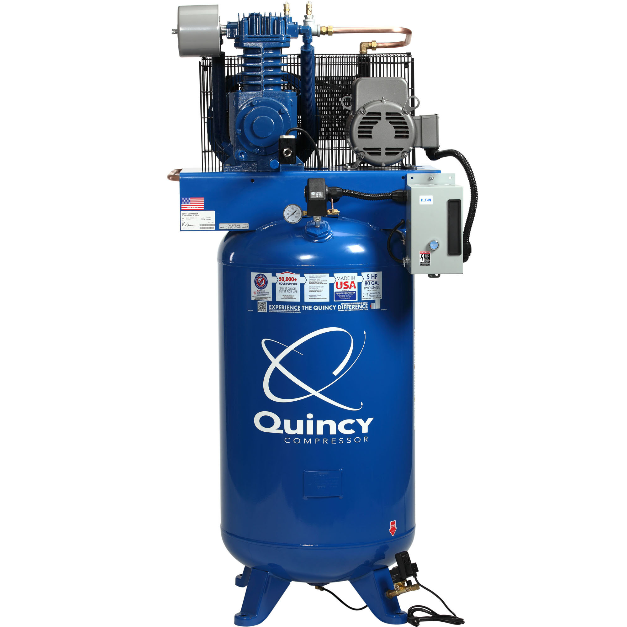 Quincy Compressor, QT 5H 80G 2Stg Air Compressor 230V 3ph V MAX, Horsepower 5 HP, Air Tank Size 80 Gal, Volts 230 Model# 453D80VCB23M