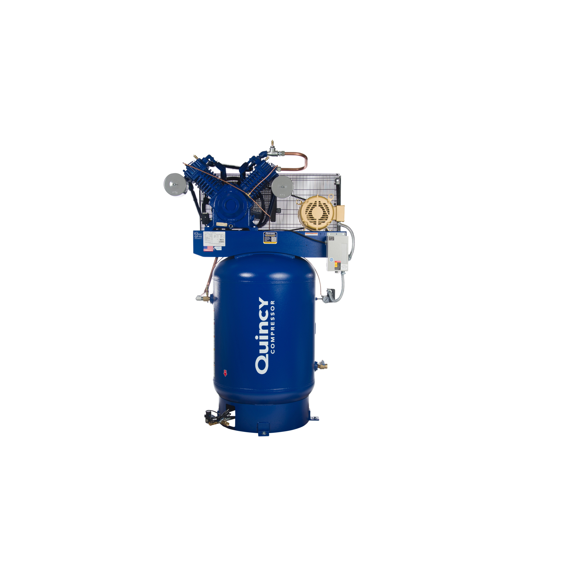 Quincy Compressor, QT 10H 120G 2Stg Air Compressor 460V 3ph VM, Horsepower 10 HP, Air Tank Size 120 Gal, Volts 460 Model# 4103D12VCB46M