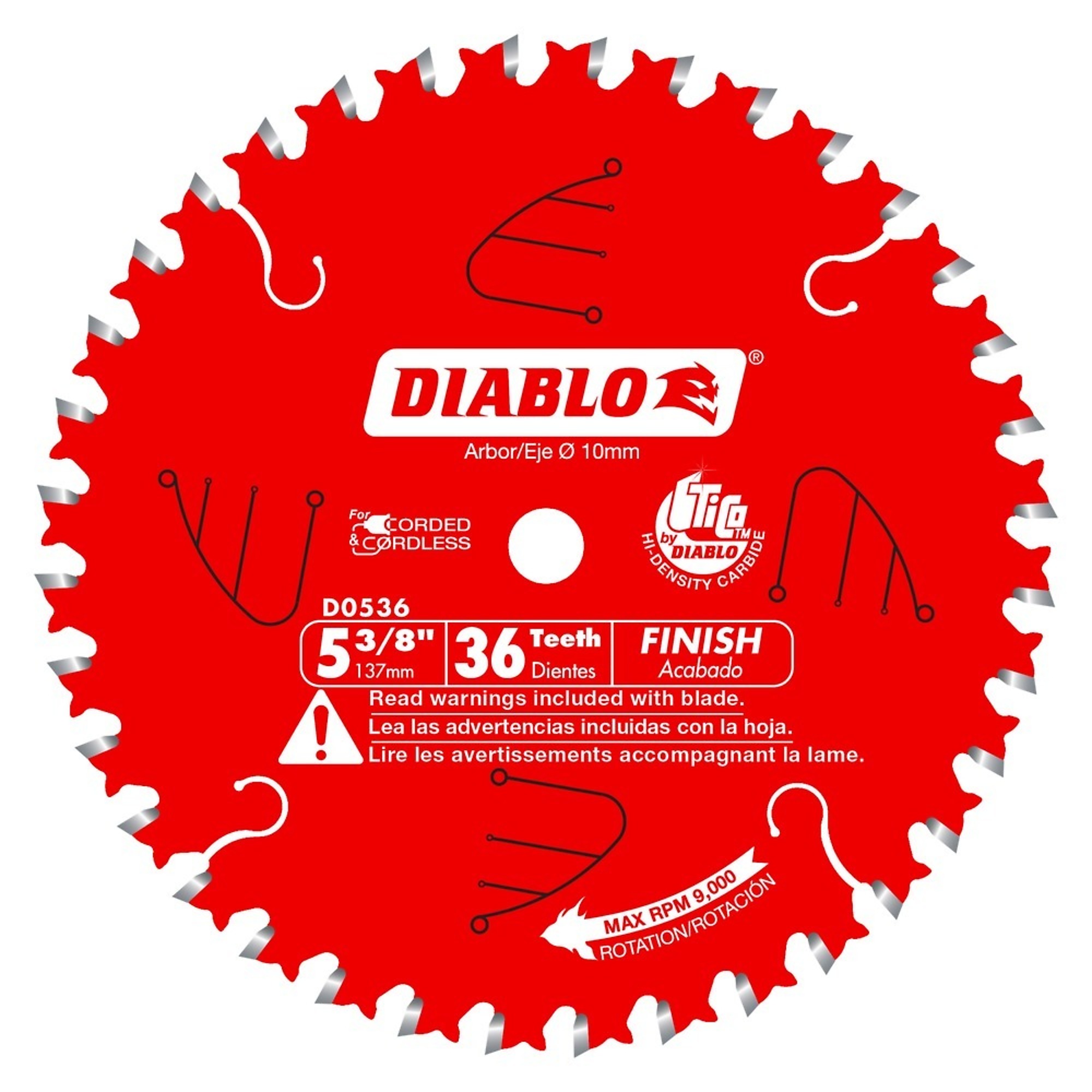 Diablo, 5 3/8 x 36 Finish Trim Blade, Blade Diameter 5 3/8 in, Teeth Per Inch 36 TPI, Included (qty.) 1, Model# D0536X