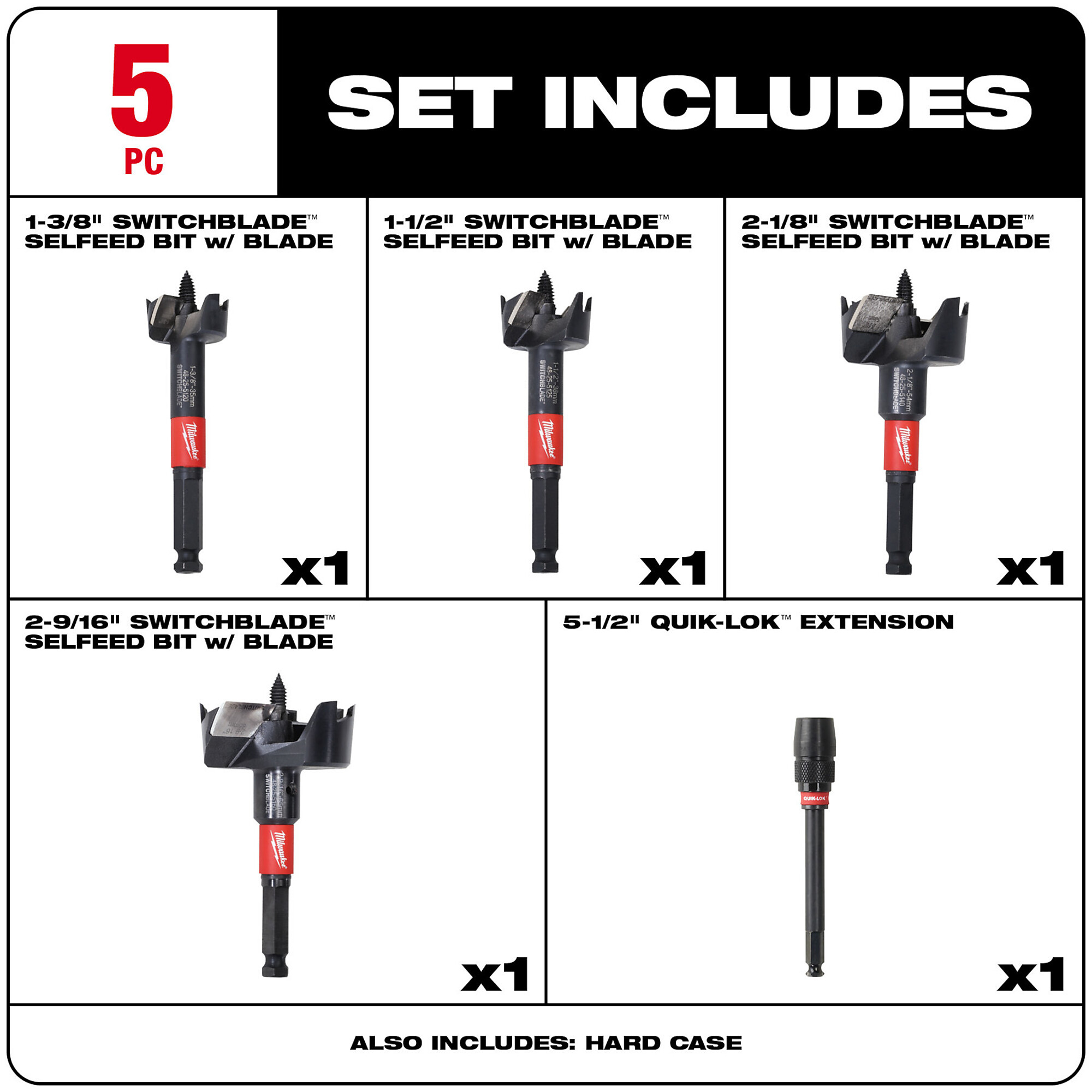 Switchblade Kit Milwaukee SwitchBlade™, 5PC SwitchBlade Selfeed Bit Plumber's Kit ...