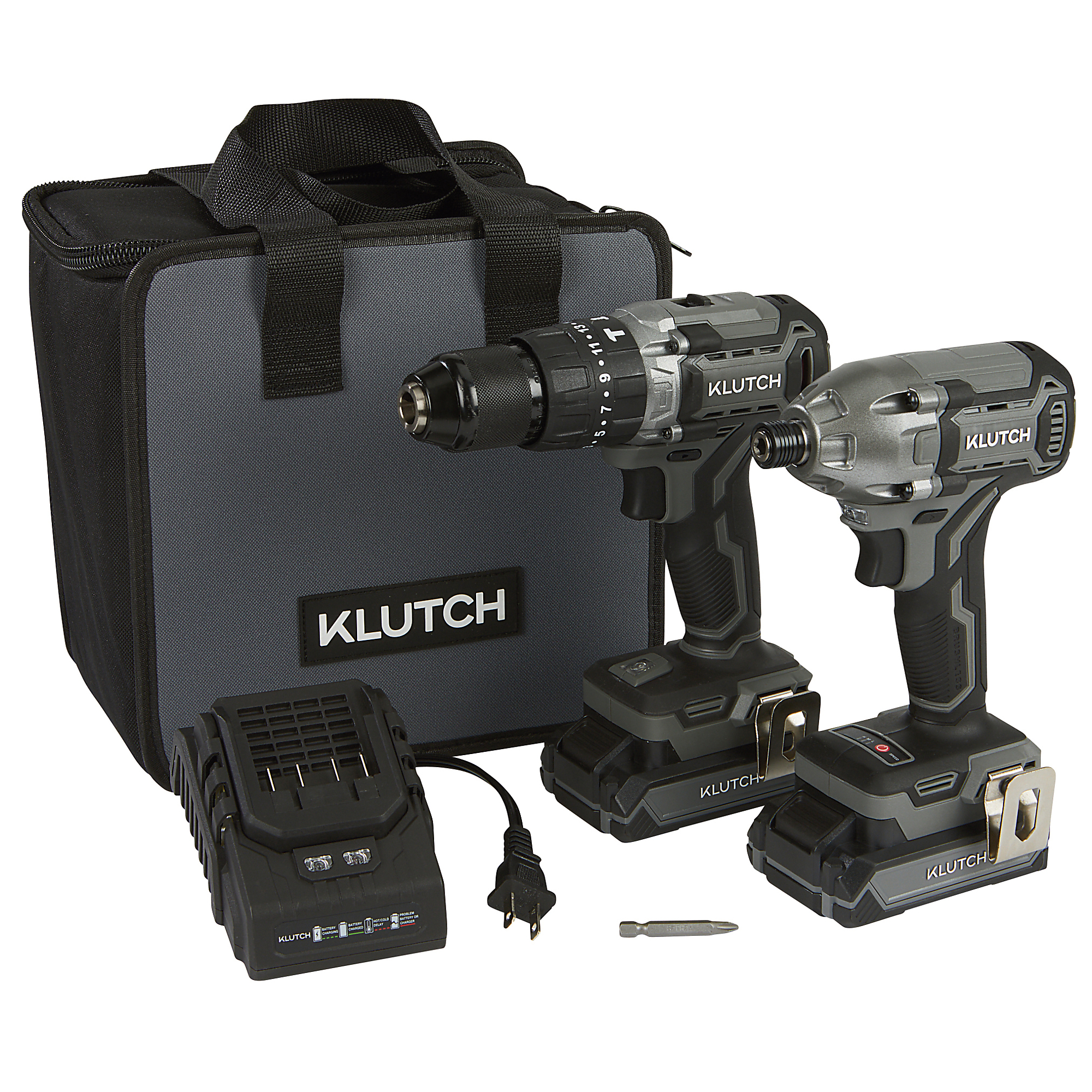 Klutch 1/2in. Hammer Drill/Driver and 1/4in. Impact Driver Kit, KLiQ 20V, Brushless, Cordless, 2.0Ah