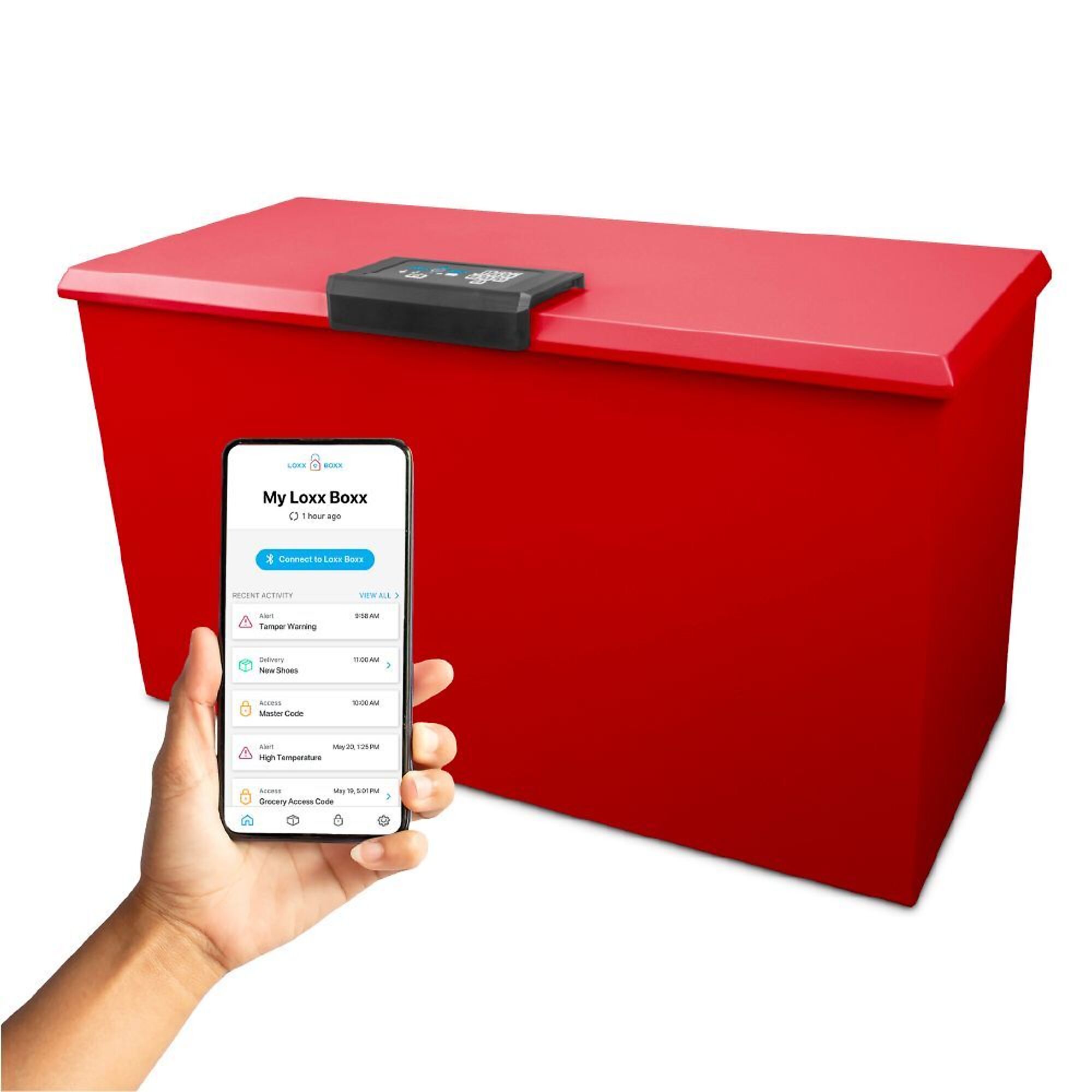 LOXX BOXX LLC, LTE Wi-Fi Smart Package Locker w/ Solar Charger, Height 21.75 in, Width 38.5 in, Color Red, Model# LB2_LGBOX_RD_LTE_BDL