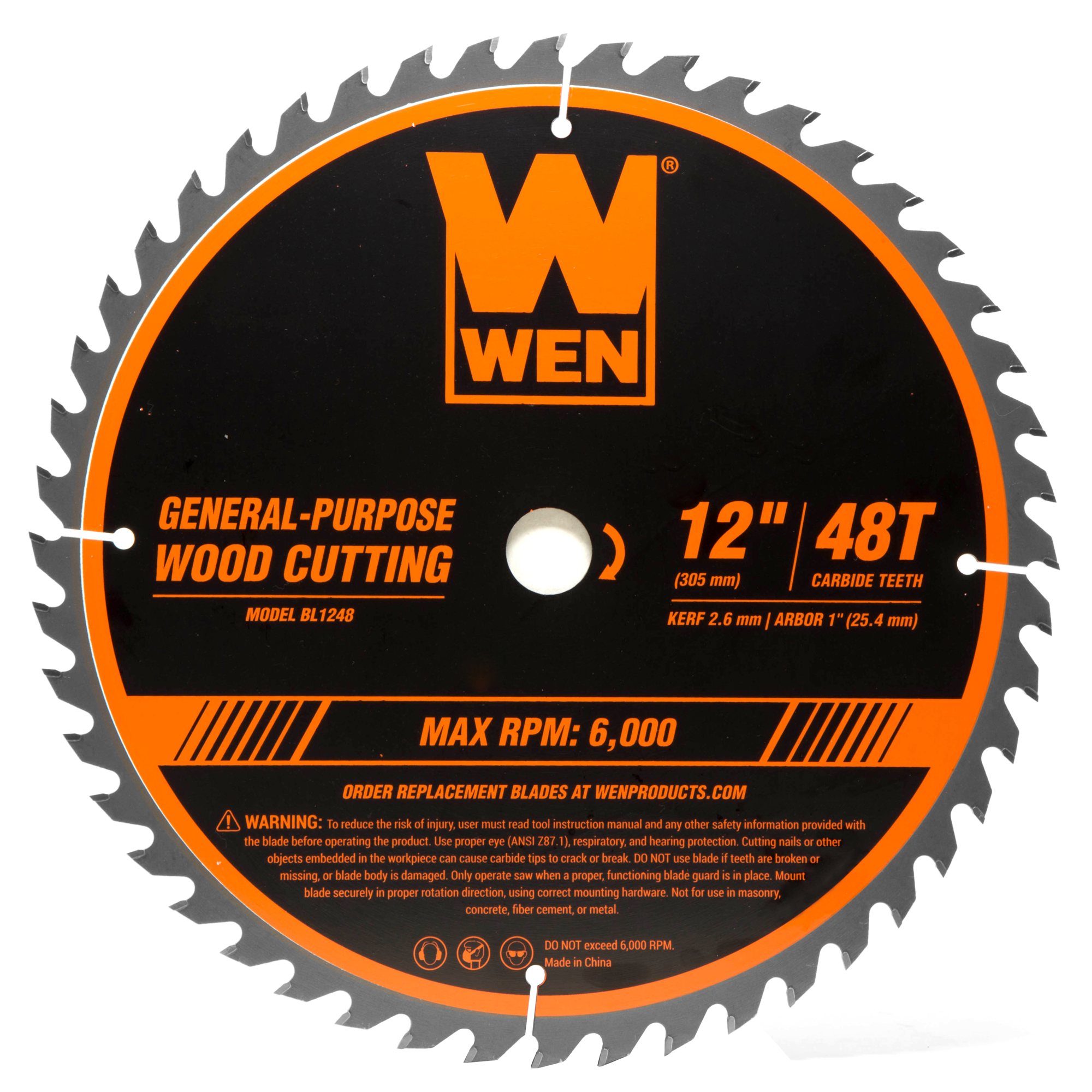 WEN Professional Woodworking Saw Blade - 12in. dia., 48-Tooth, Carbide-Tipped, Model# BL1248