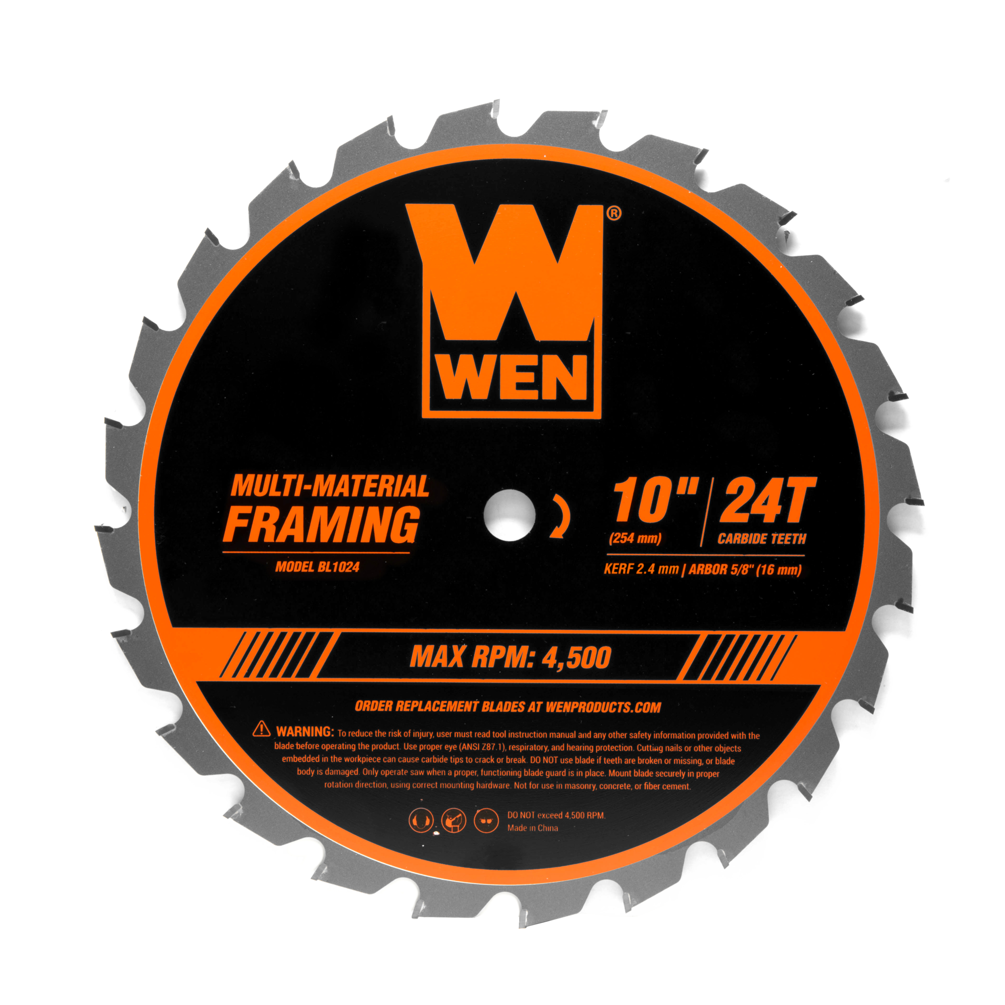 WEN 10in. Carbide-Tipped Framing Saw Blade - 24-Tooth, 5/8in. Arbor, Ultra-Thin Kerf, Model# BL1024