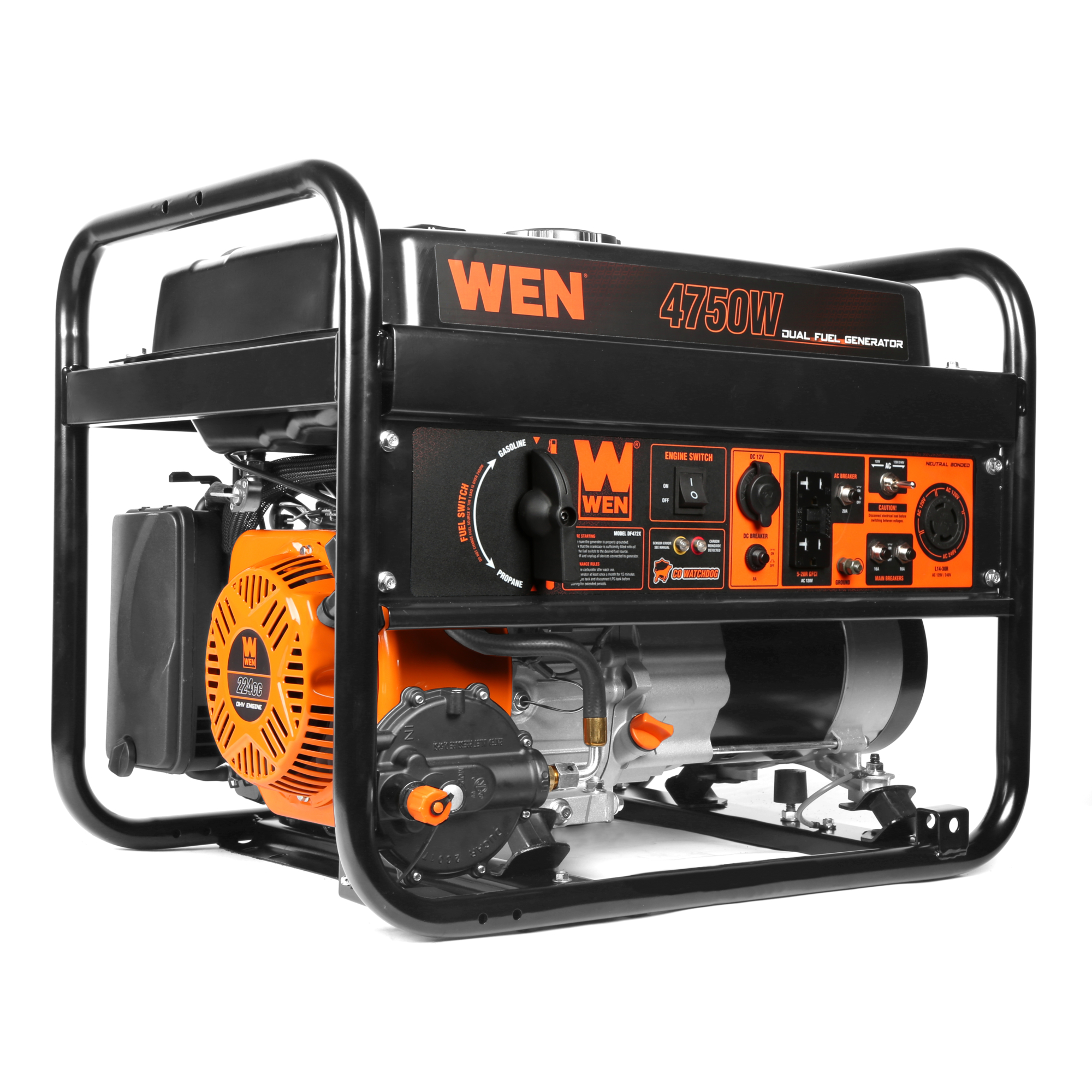 WEN, 4750W 120V/240V Dual Fuel Generator, CO Sensor, Surge Watts 4750 Rated Watts 3800 Voltage 120/240 Model# DF472X