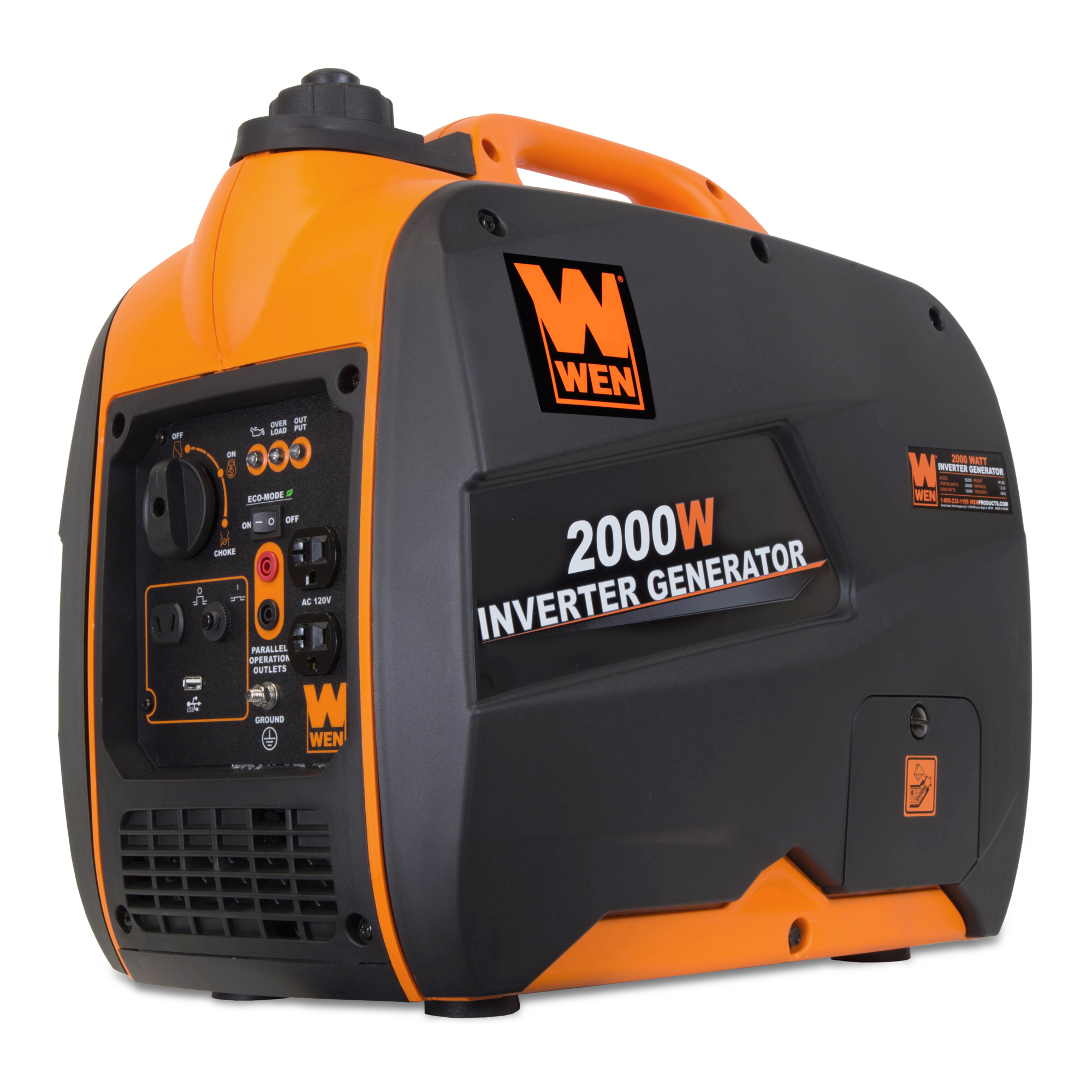 WEN Inverter Generator - 2000W Surge, 1600W Rated, 79.7cc 4-Stroke OHV Engine, 51dB, 120V, Model# 56200i