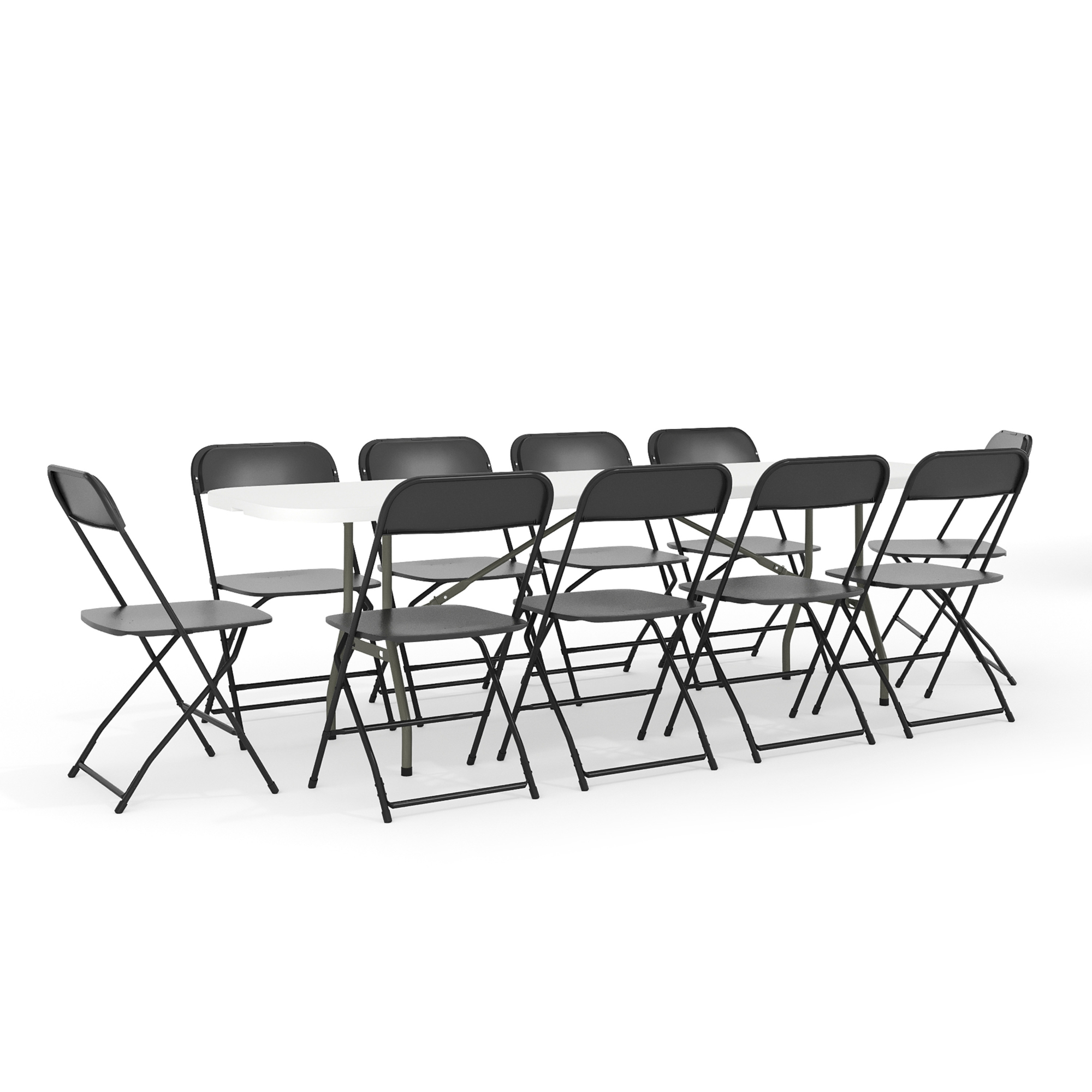 Flash Furniture, 11 Piece 8ft. Bi-Fold Plastic Table and Chair Set, Height 29 in, Width 30 in, Length 96 in, Model# RB3096F10LEL3BK