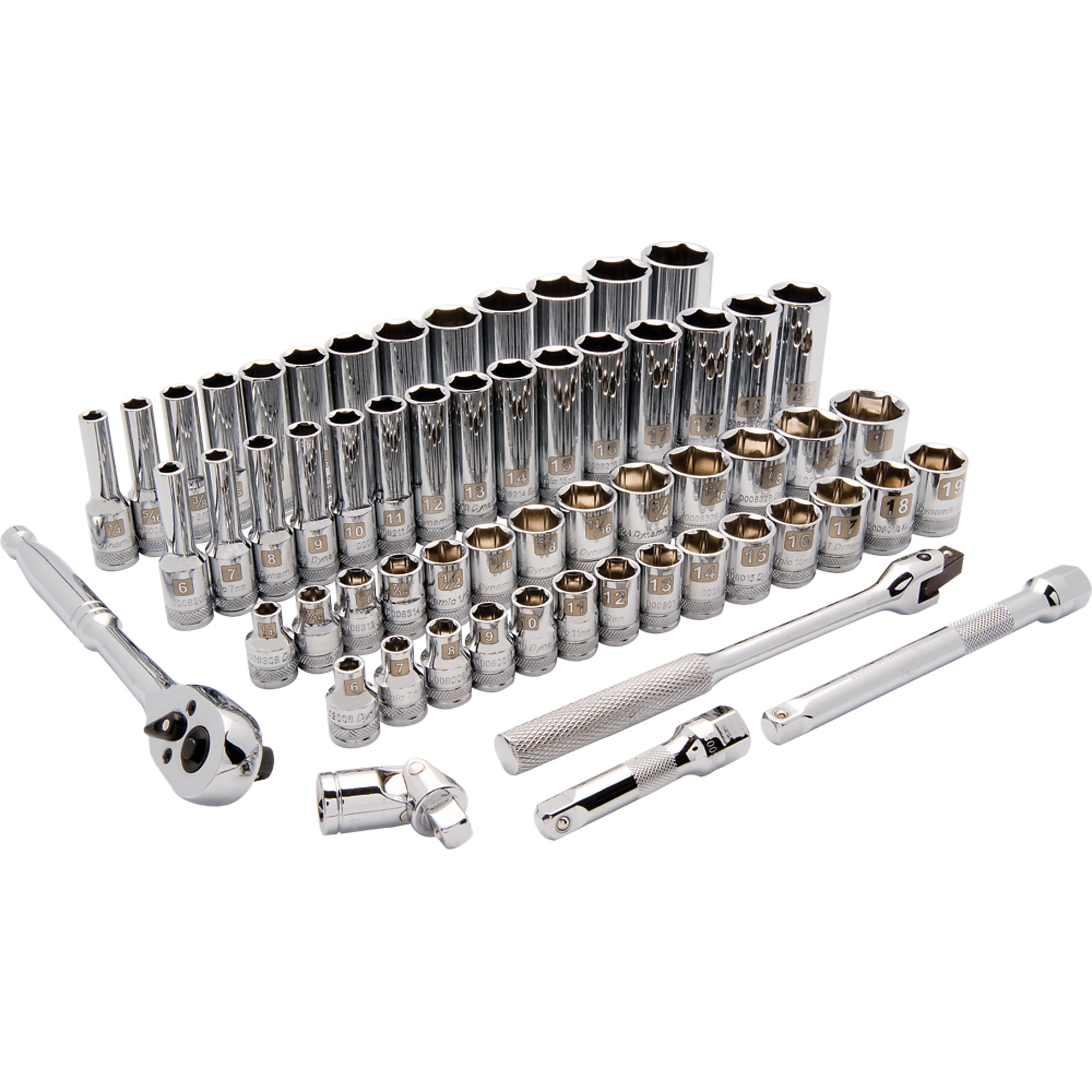Dynamic Tools, 3/8in. 6 Point Standard/Deep SAE/Metric Socket Set, Measurement Standard Standard (SAE)/Metric, Pieces (qty.) 60 Socket Set Type 3/8in. Drive Sets, Model# D010012