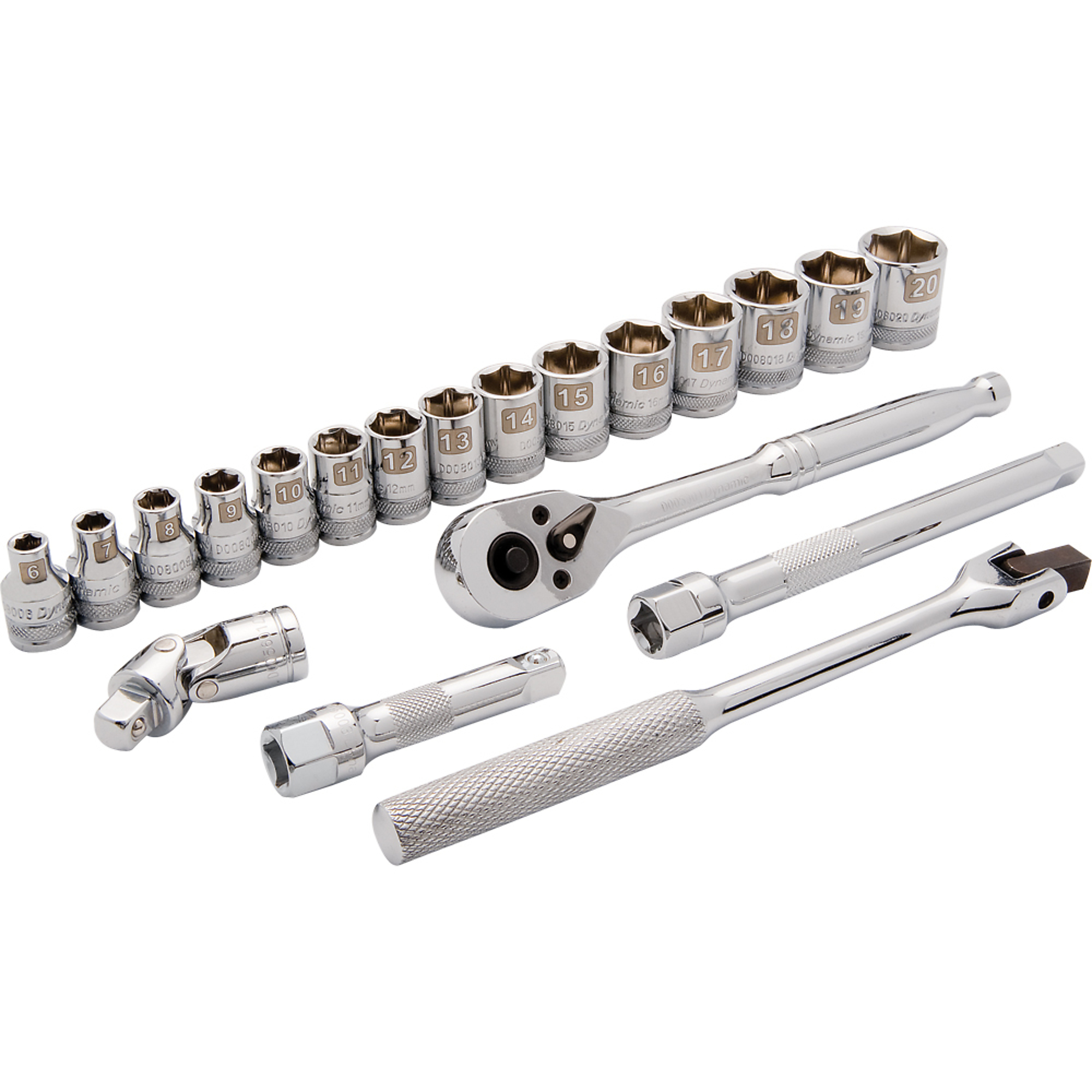 Dynamic Tools, 3/8in. 6 Point Standard/Metric Socket Set, Measurement Standard Metric, Pieces (qty.) 20 Socket Set Type 3/8in. Drive Sets, Model# D010010