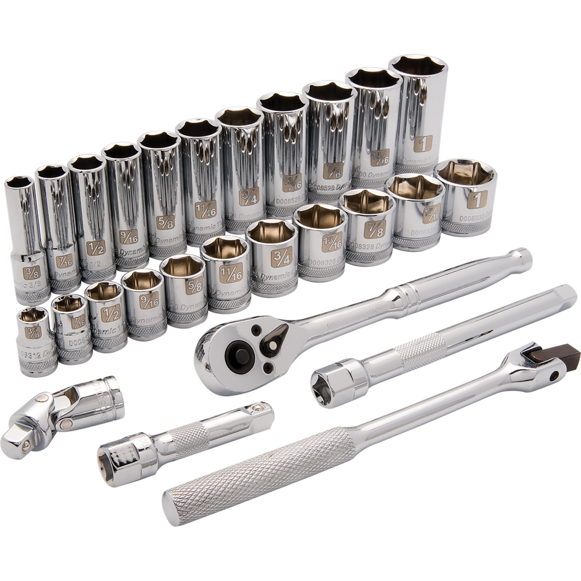 Dynamic Tools, 3/8in. 6 Point Standard/Deep SAE Socket Set, Measurement Standard Standard (SAE), Pieces (qty.) 27 Socket Set Type 3/8in. Drive Sets, Model# D010009