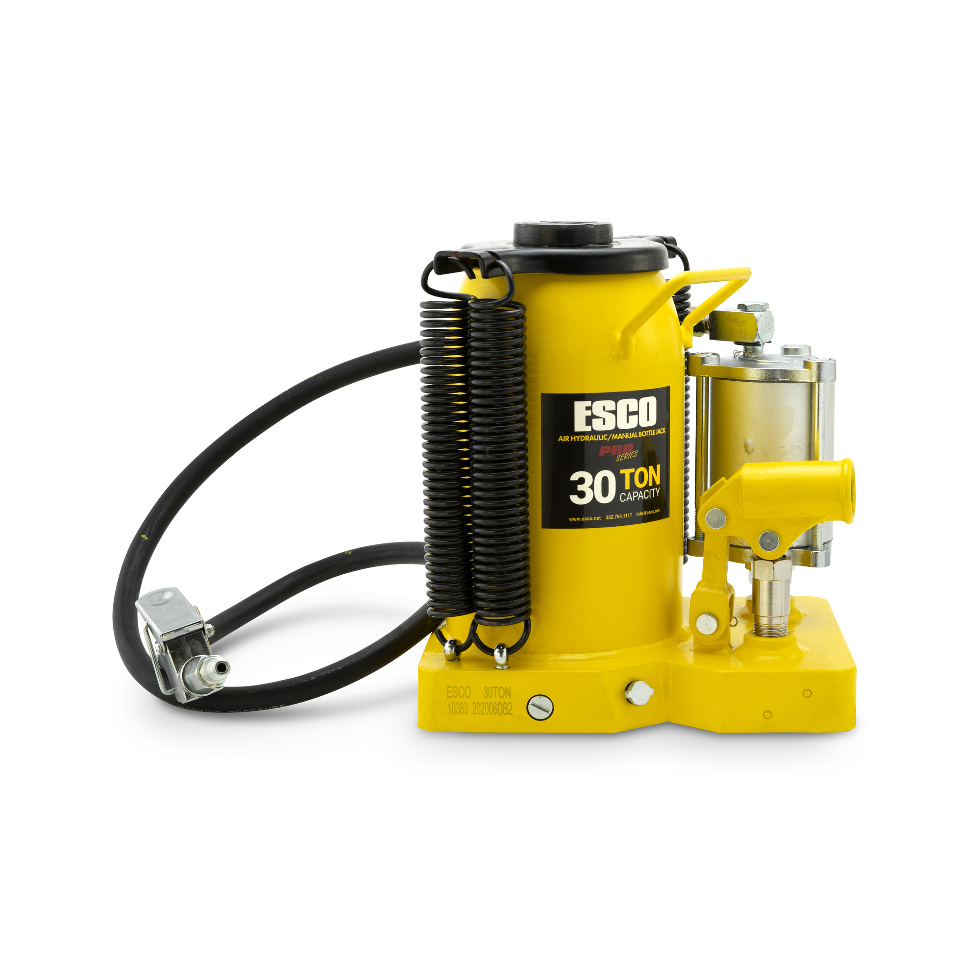 ESCO, 30 Ton Pro Series Air/Hydr Bottle Jack, Lift Capacity 30 Tons, Max. Lift Height 20 in, Min. Lift Height 10.875 in, Model# 10383