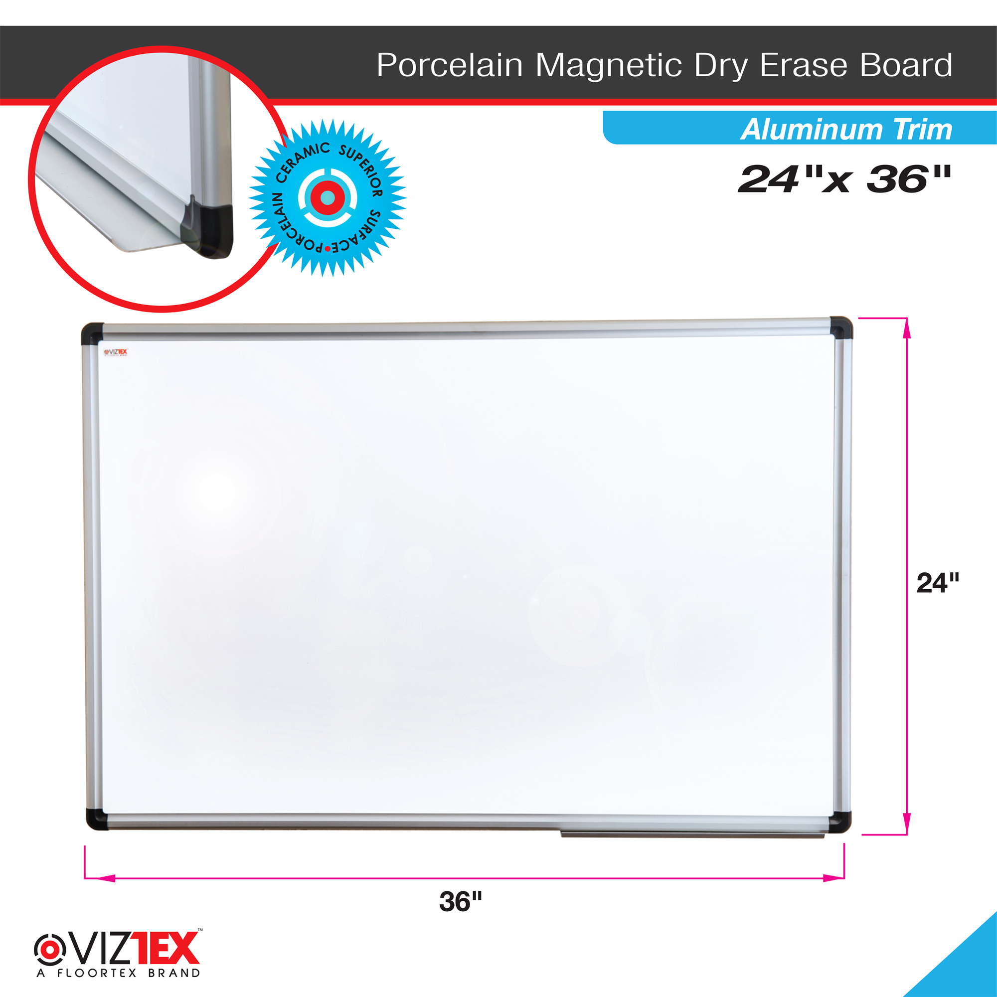 FLOORTEX Viztex®, Porcelain Dry Erase Board; Aluminium Frame 24in.x36in ...