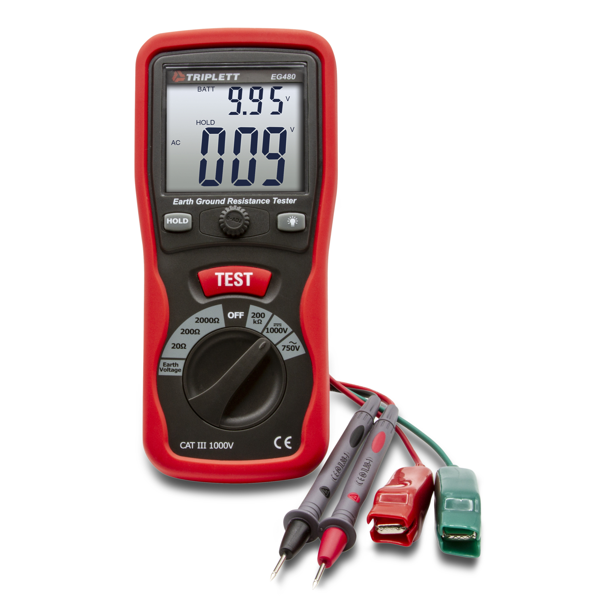 Triplett Earth Ground Resistance Tester Kit — Measures 2- and 3-Wire Resistance, Dual LCD Display, CAT III 1000V, Model# EG480
