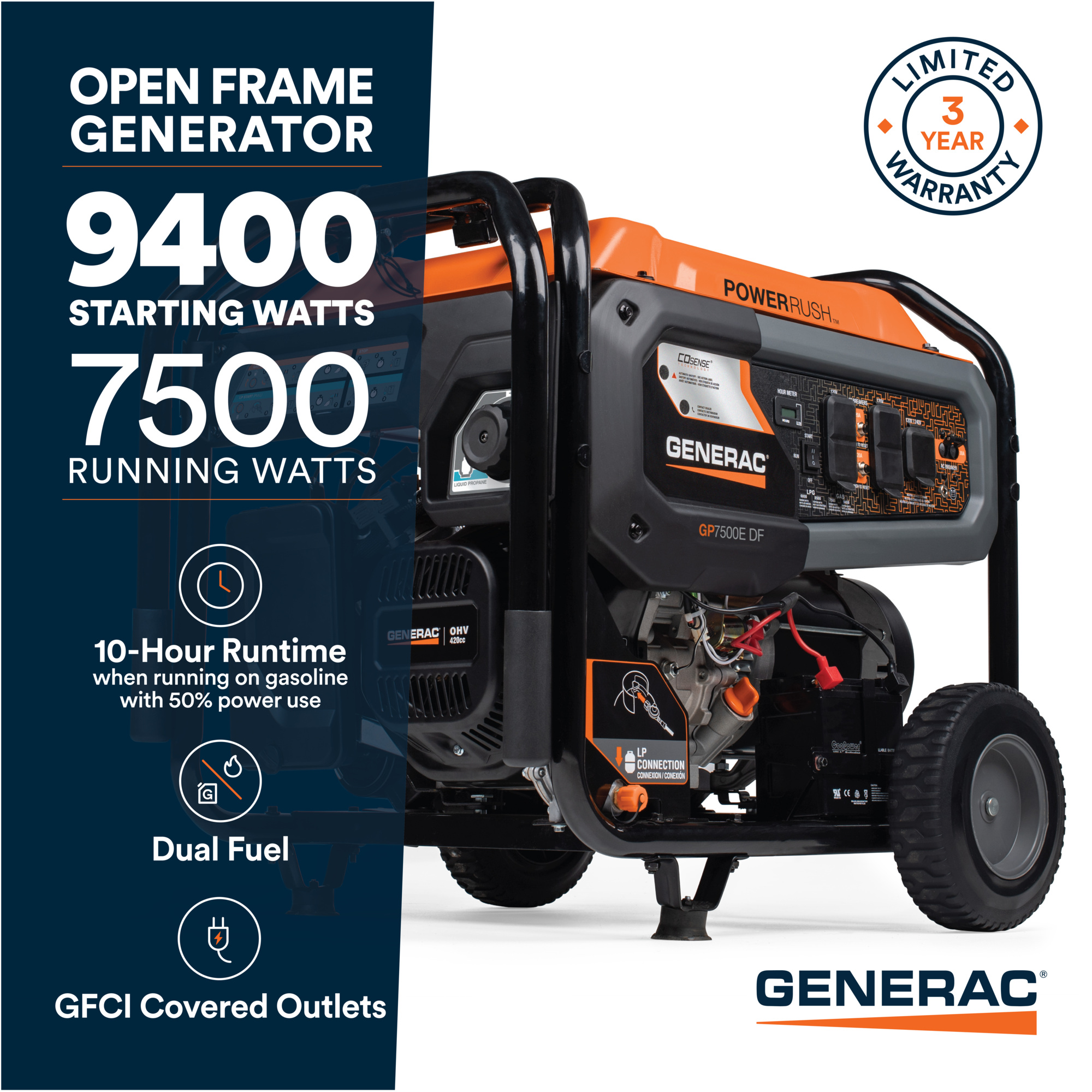 Generac, Dual Fuel Generator, Surge Watts 9400 Rated Watts 7500 Voltage