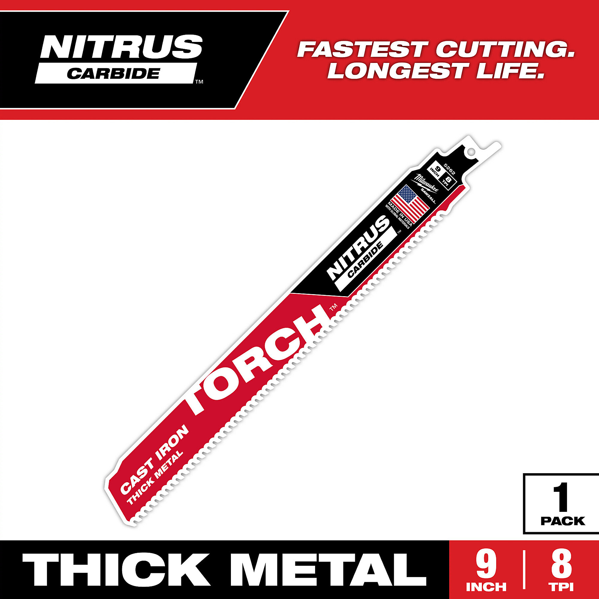 Milwaukee 9" 8 TPI TORCH™ with NITRUS™ Carbide SAWZALL® Blade for Cast Iron (1 PK), Model# 48-00-5262
