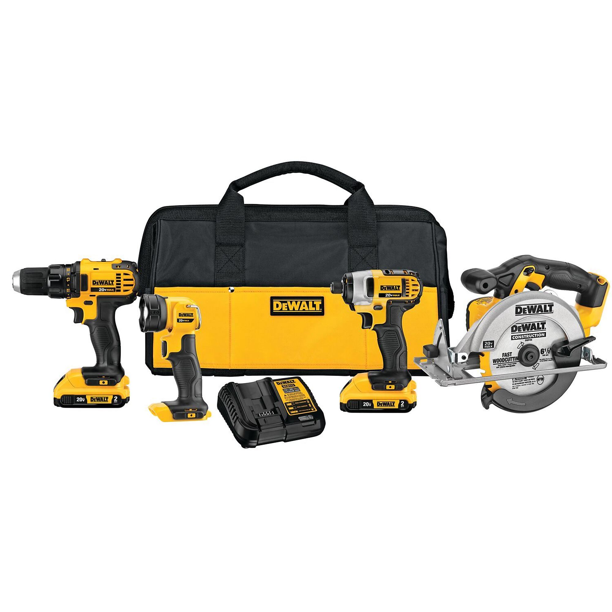 DEWALT, 20V MAX* Cordless 4-Tool Combo Kit, Chuck Size 1/2 in, Drive Size 1/4 in, Tools Included (qty.) 4 Model# DCK421D2