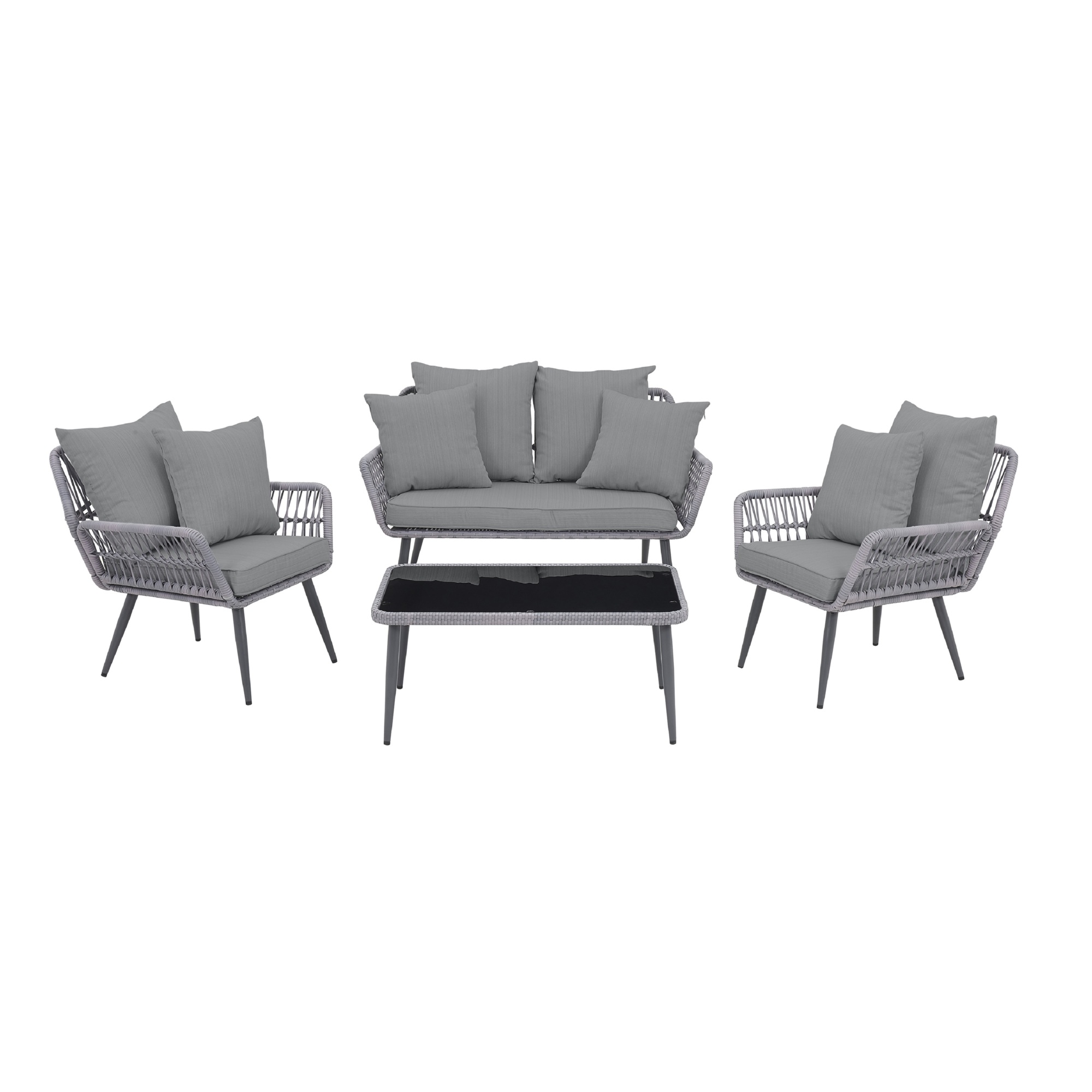 Manhattan Comfort, Portofino Rope Wicker 4Pc Patio Conv Set in Grey, Pieces (qty.) 4 Primary Color Gray, Seating Capacity 4 Model# OD-CV019