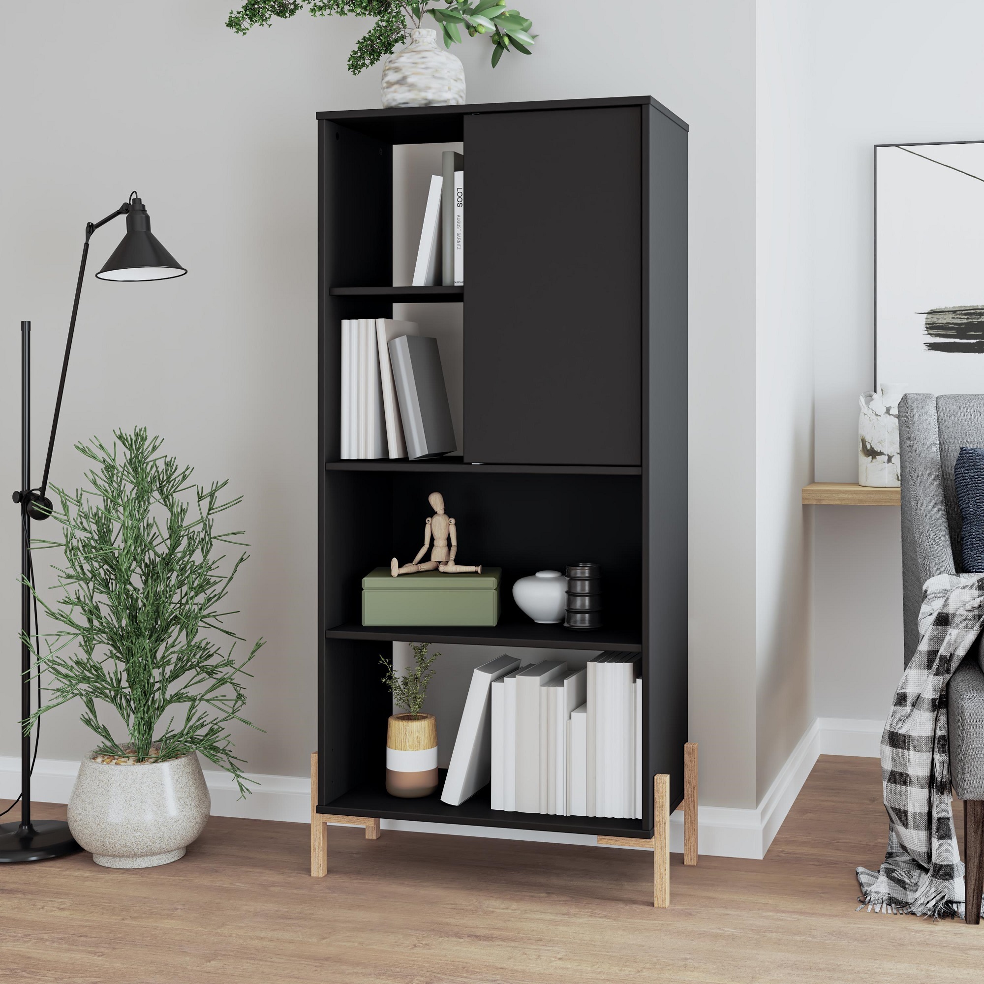 Manhattan Comfort, Bowery Bookcase with 5 Shelves in Black and Oak ...