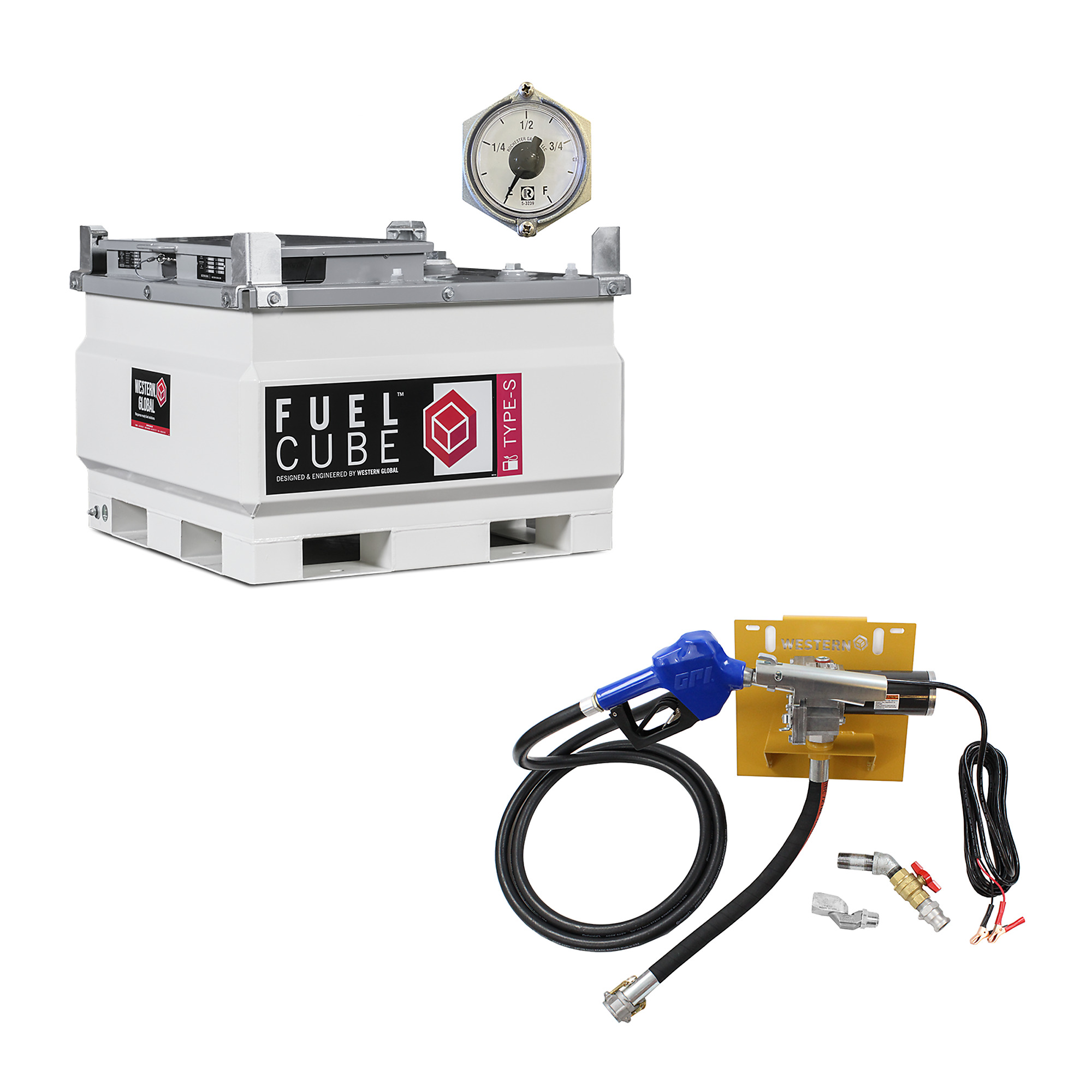 Western Global, FuelCube Type-S, 119 Gallons, w/ Gauge 12V Pump, Capacity 119 Gal, Shape Square, Model# FCSWN0119-01215GP-SNN