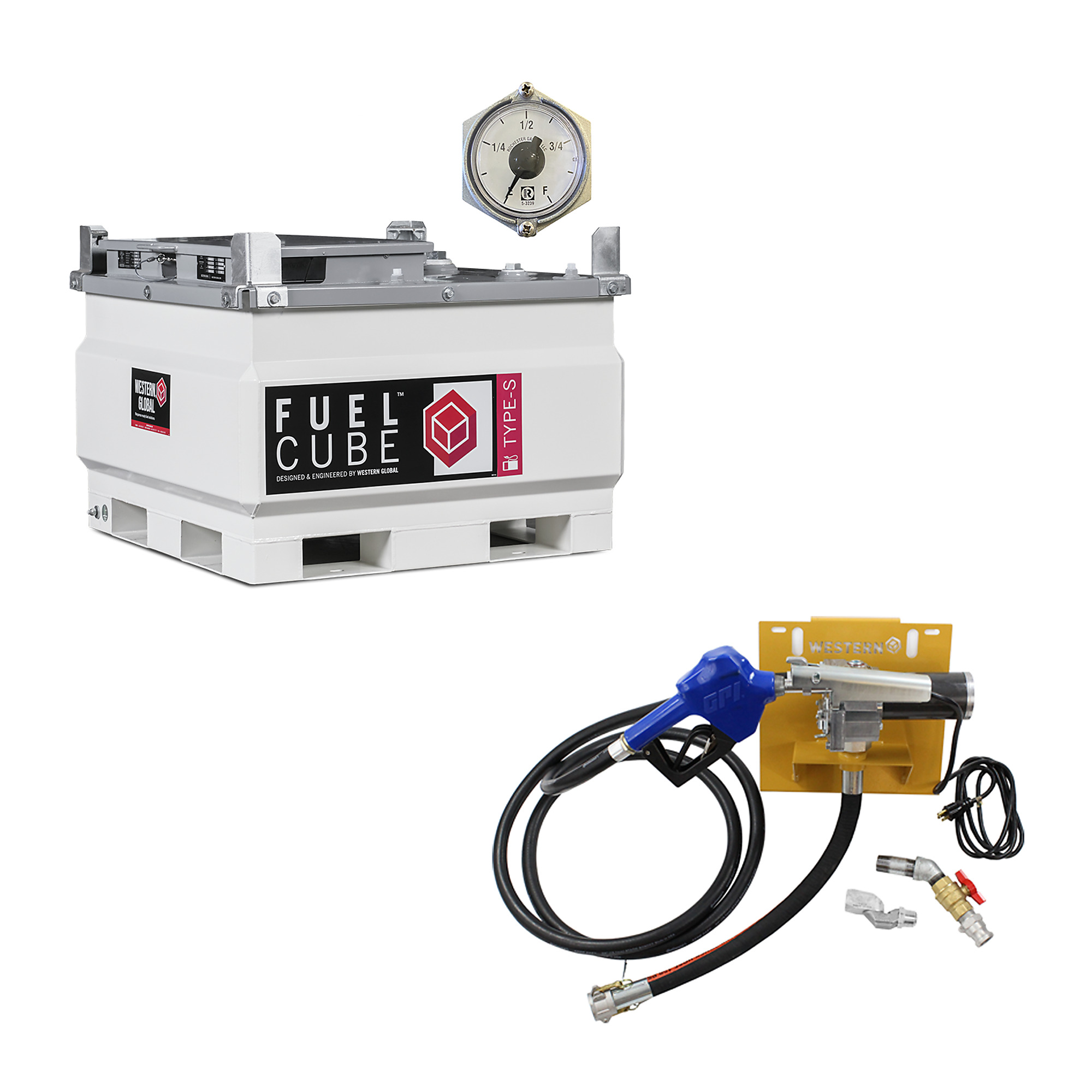 Western Global, FuelCube Type-S, 119 Gallons, w/ Gauge 115V Pump, Capacity 119 Gal, Shape Square, Model# FCSWN0119-11512GP-SNN