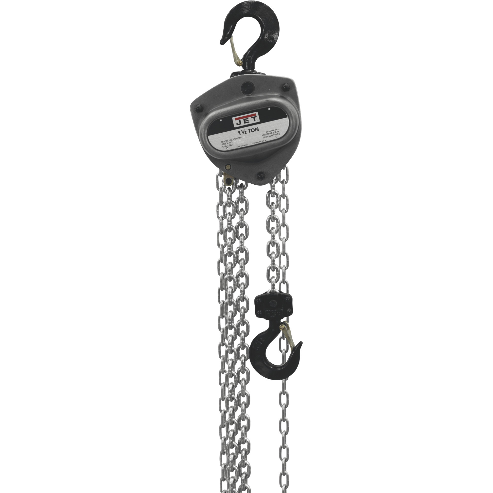 JET L100 Series Manual Chain Hoist, 1 1/2-Ton Lift Capacity, 15ft. Lift, Overload Protection, Model# L100-150WO-15