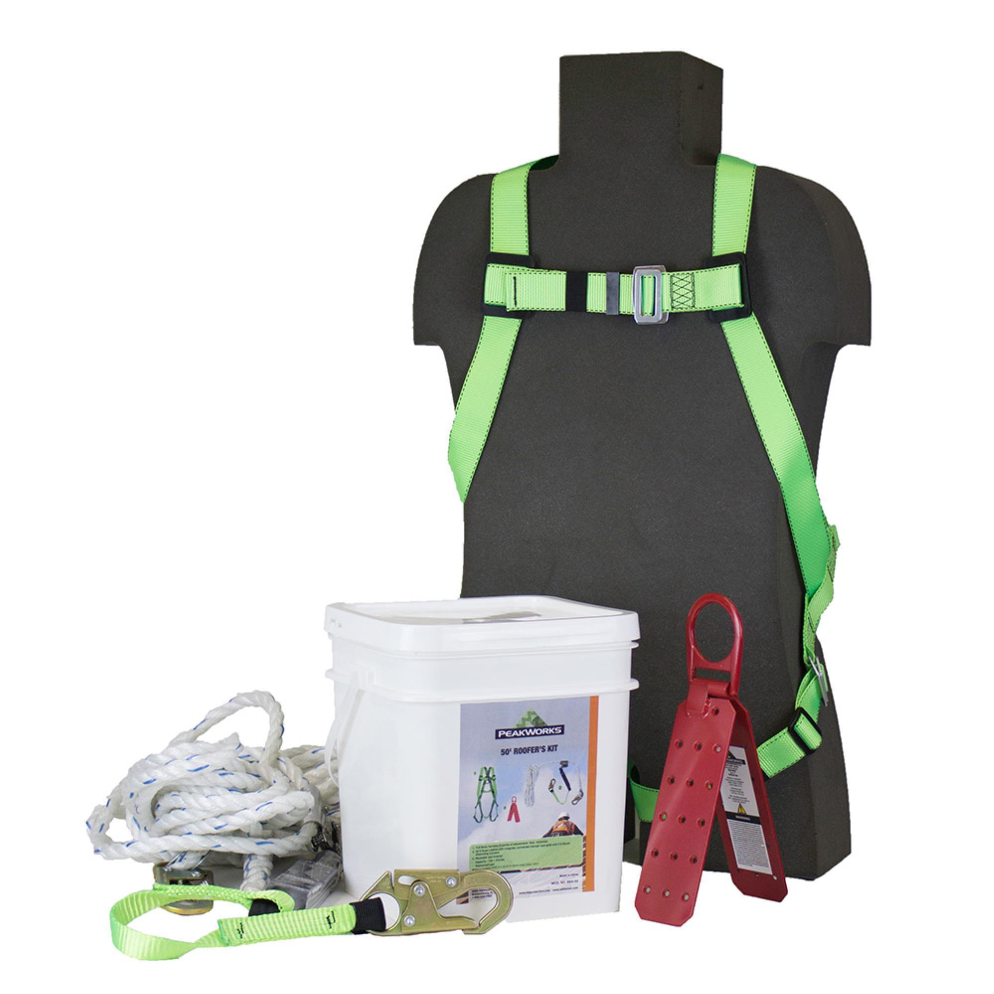 Peak Works, RK6 Roofer Kit Harness Rope 50ft. Lifeline Bracket, Weight Capacity 400 lb, Harness Size One Size, Model# V8257275