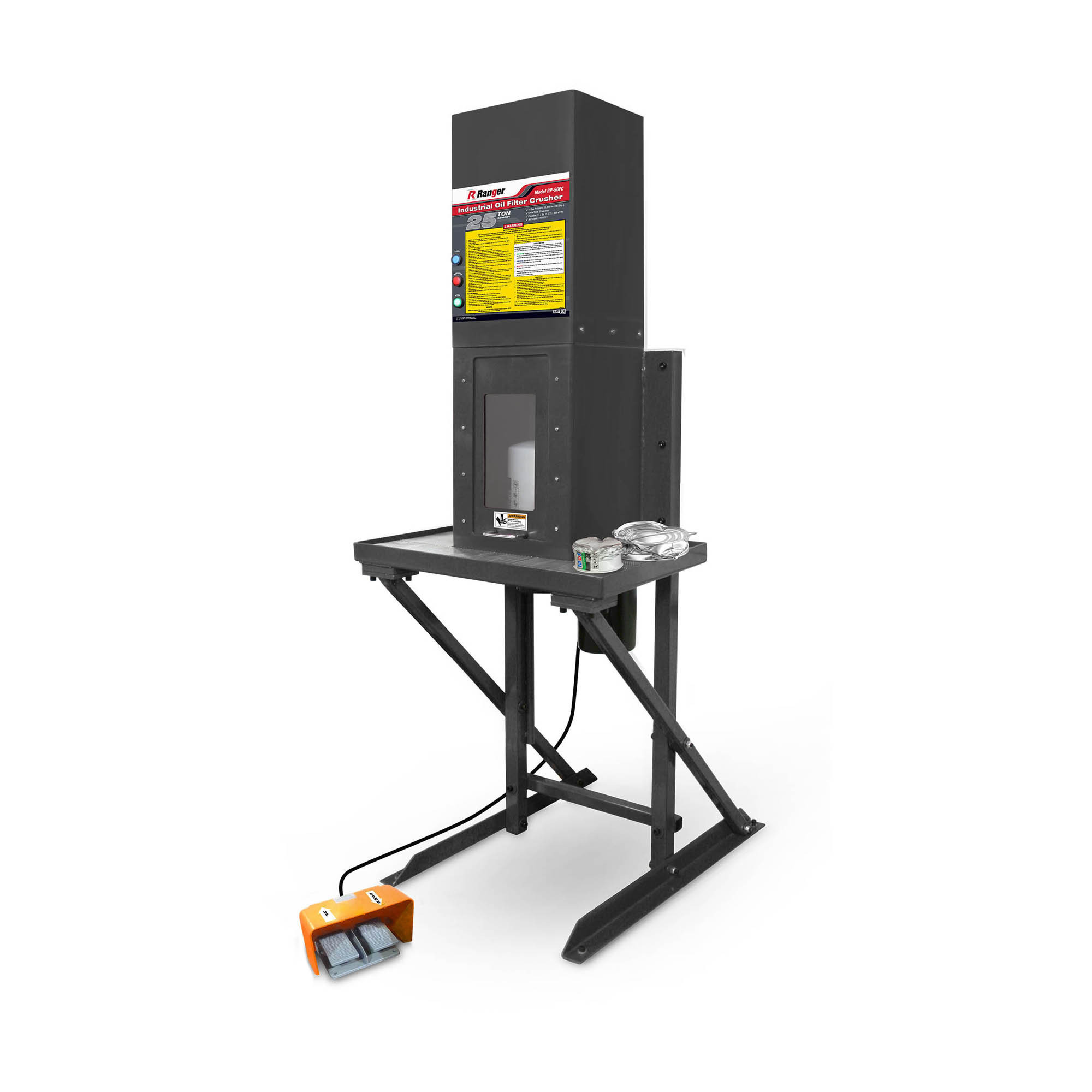Ranger, Electric / Hydraulic Oil Filter Crusher, Capacity 50000 lb, Cycle Time 15 sec., Model# RP-50FC