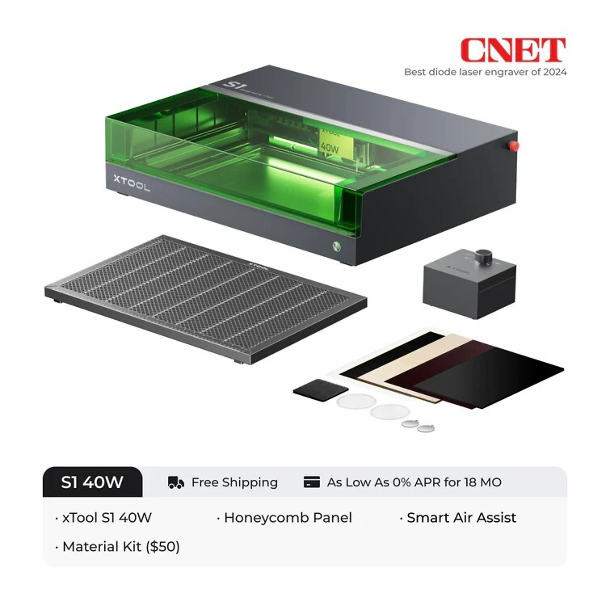 xTool, Laser Cutter and Engraver, 40w, 600mm/s, Working Width 25.98 in, Working Length 33.86 in, Laser Power 40 W, Model# xTool S1 40W Basic