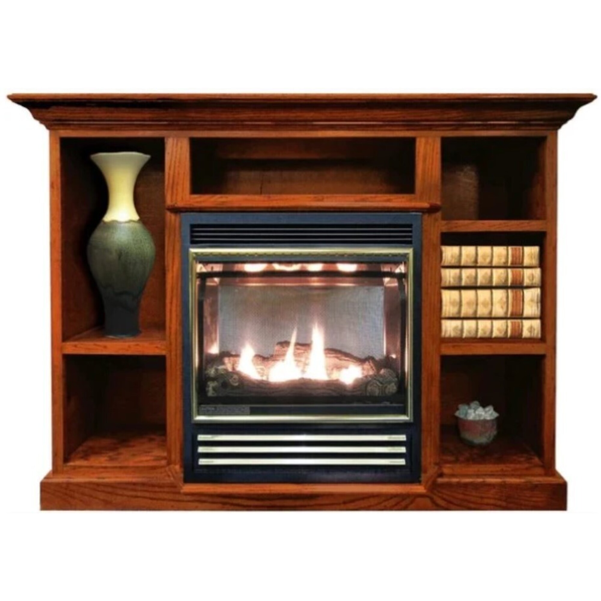 Buck, Vent Free Gas Fireplace with Dark Oak Mantel Combo, Heat Output 25000 Btu/hour, Heating Capability 1000 ft², Model# NV 11272NATPRES-DO