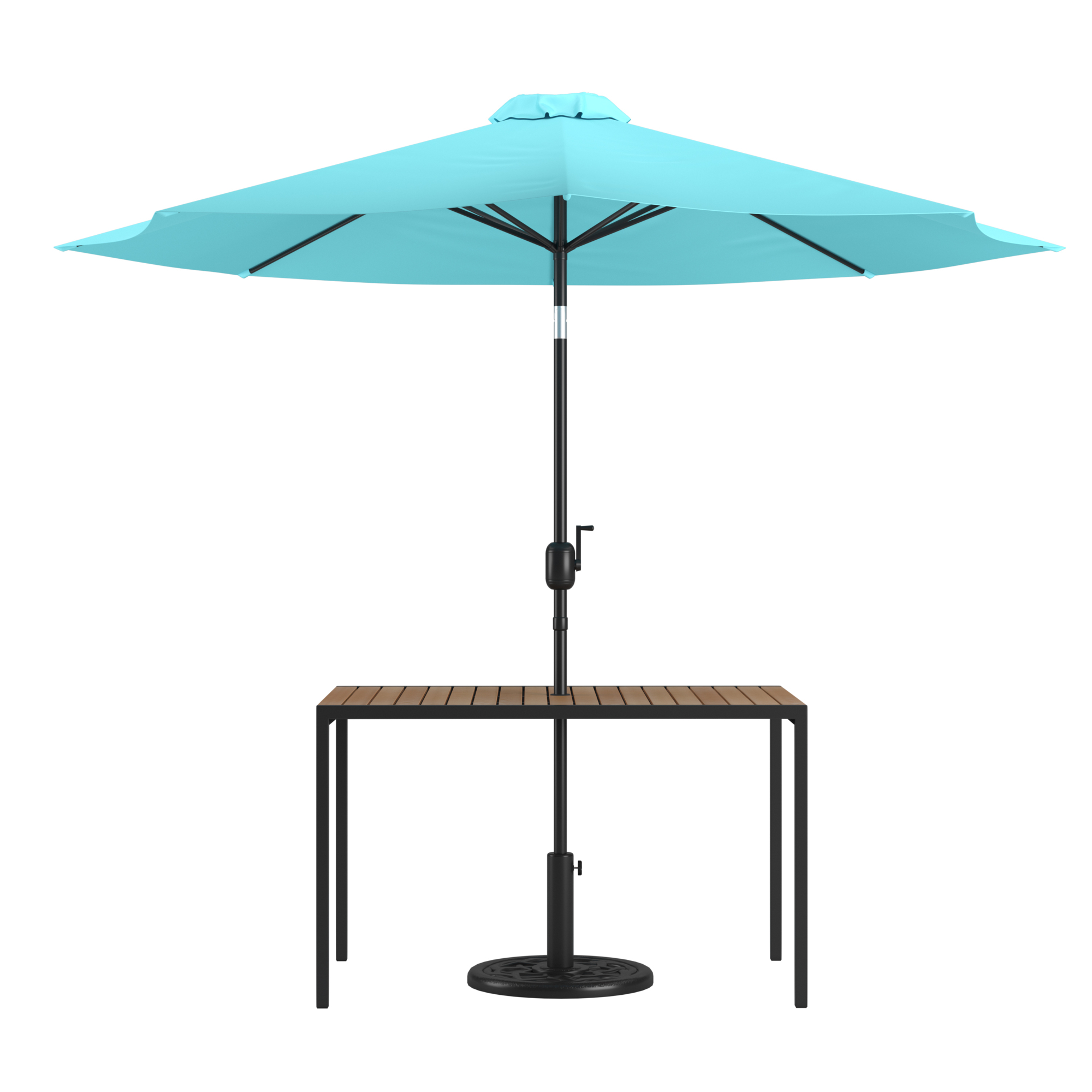Flash Furniture, Faux Teak 30 x 48 Patio Table-Teal Umbrella Base, Table Shape Rectangle, Primary Color Blue, Height 29.5 in, Model# XU3048UB19BTL