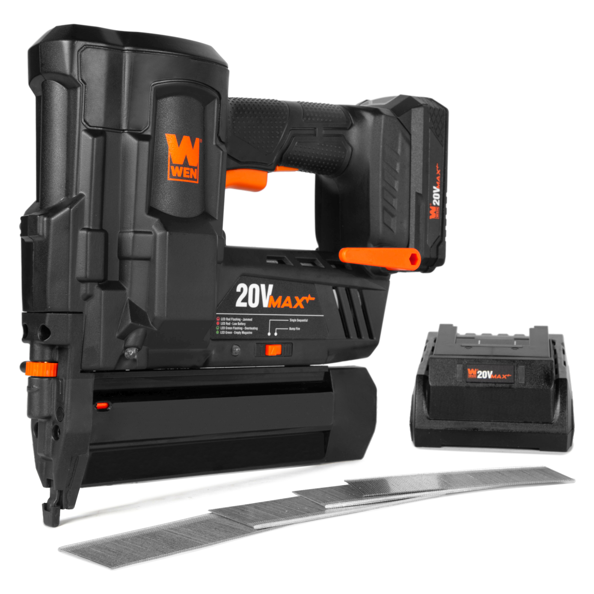 WEN 20V Cordless 18-Gauge Brad Nailer - 2in. Nails, 2.0Ah Battery, Charger, LED Indicator, Model# 20512