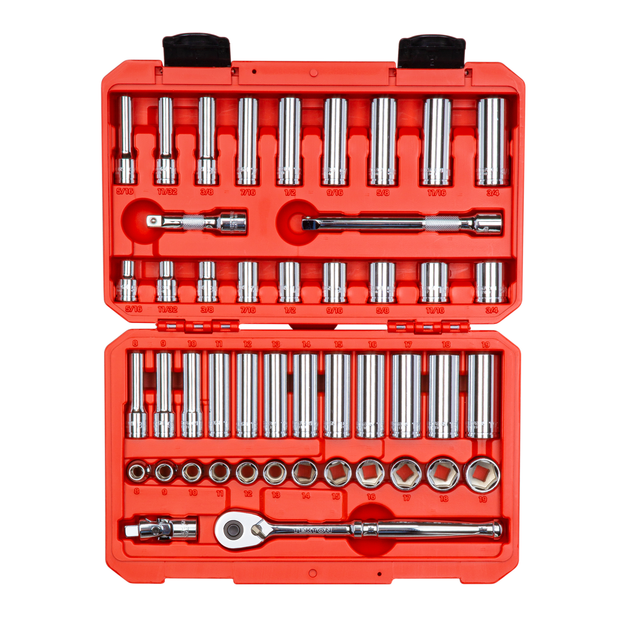 TEKTON 3/8 Inch Drive Shallow and Deep 6-Point Socket and Ratchet Set with Case, 46-Piece (5/16 - 3/4 in., 8 - 19 mm) | SKT15301