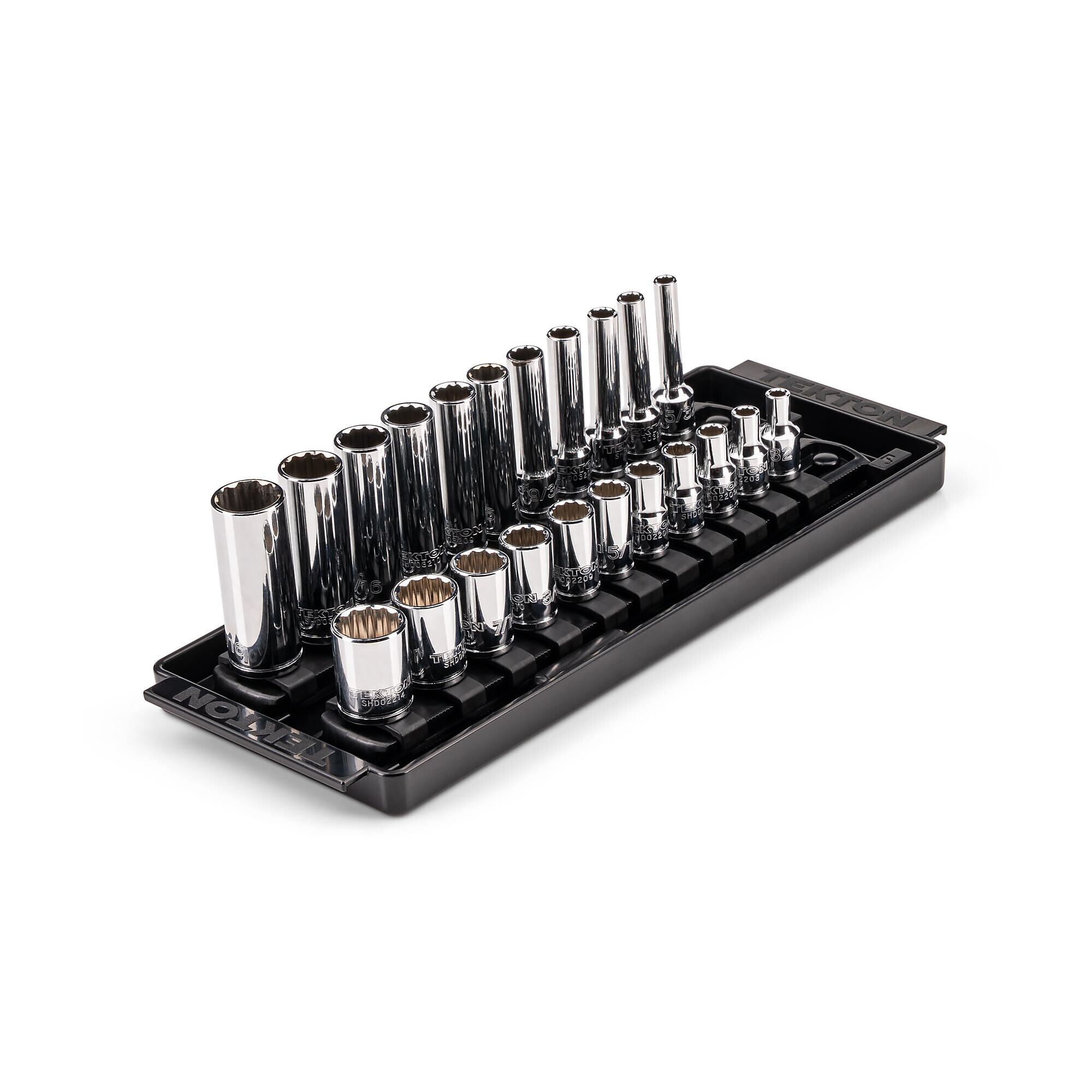 TEKTON 1/4 Inch Drive Shallow and Deep 12-Point Socket Set with Rails and Tray, 22-Piece (5/32 - 9/16 in.) | SHD90213