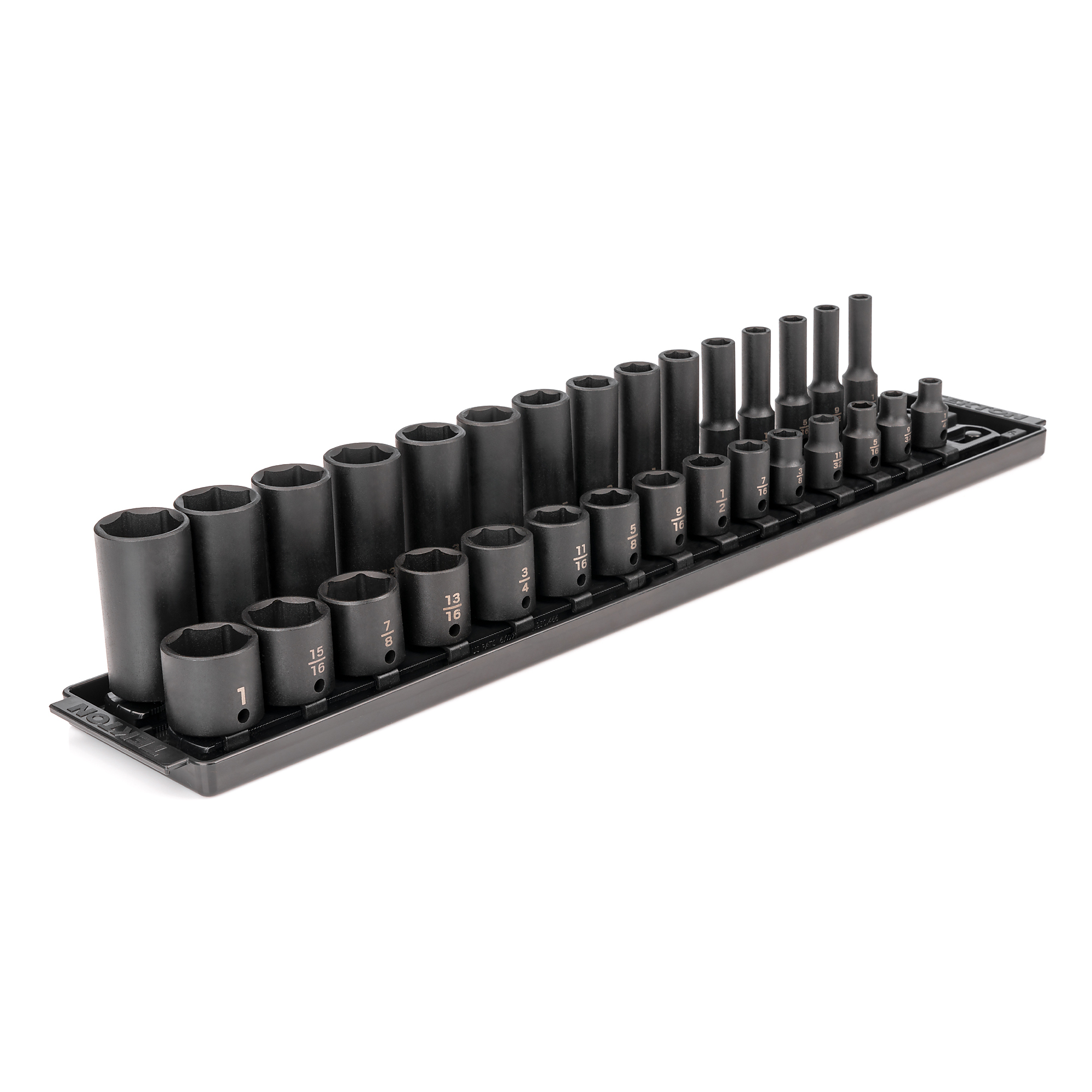 TEKTON 3/8 Inch Drive Shallow and Deep 6-Point Impact Socket Set with Rails and Tray, 30-Piece (1/4 - 1 in.) | SID91210