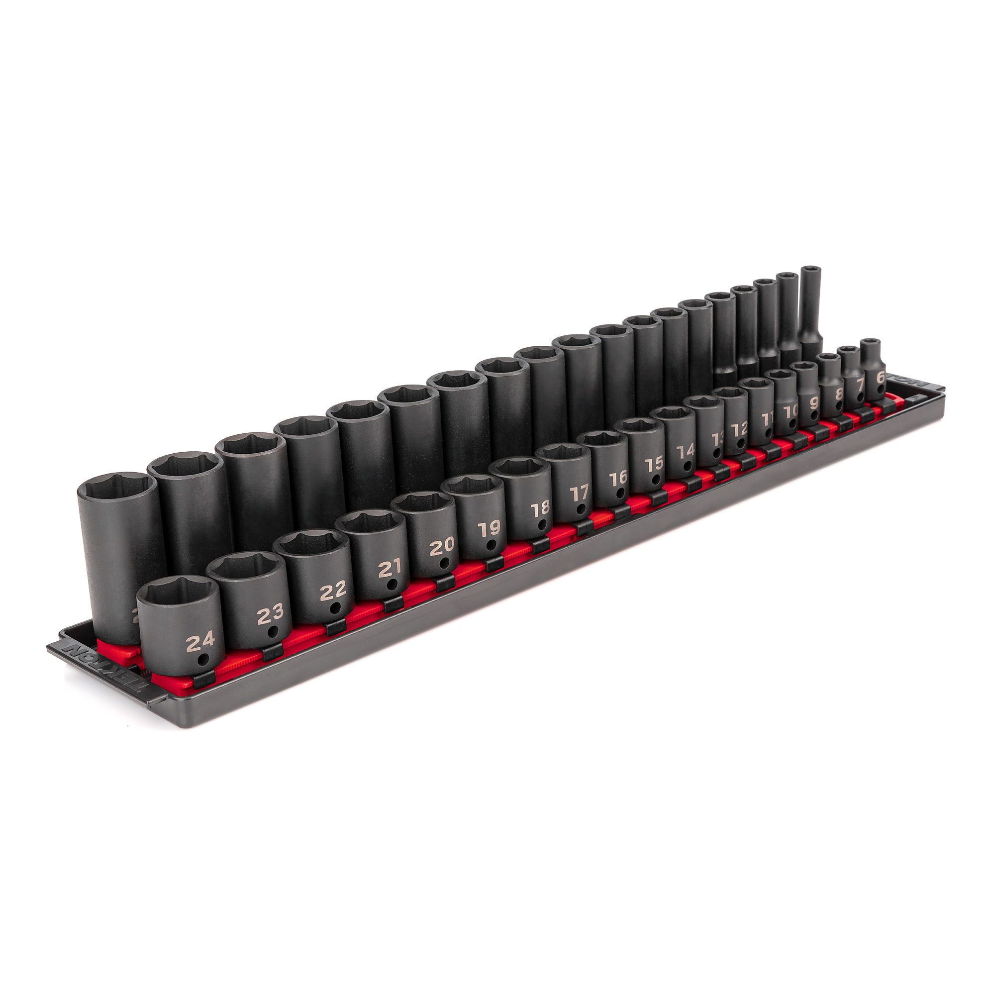 TEKTON 3/8 Inch Drive Shallow and Deep 6-Point Impact Socket Set with Rails and Tray, 38-Piece (6 - 24 mm) | SID91211