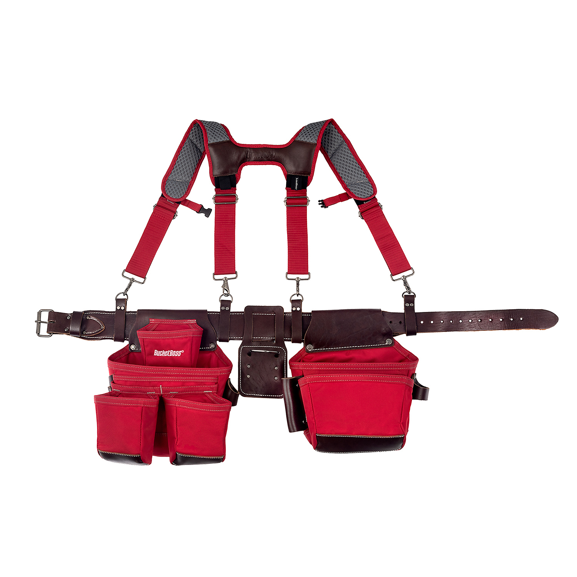 Bucket Boss, Tool Belt with Suspenders, Color Red, Pockets (qty.) 19 Material Leather, Model# 55505-RD