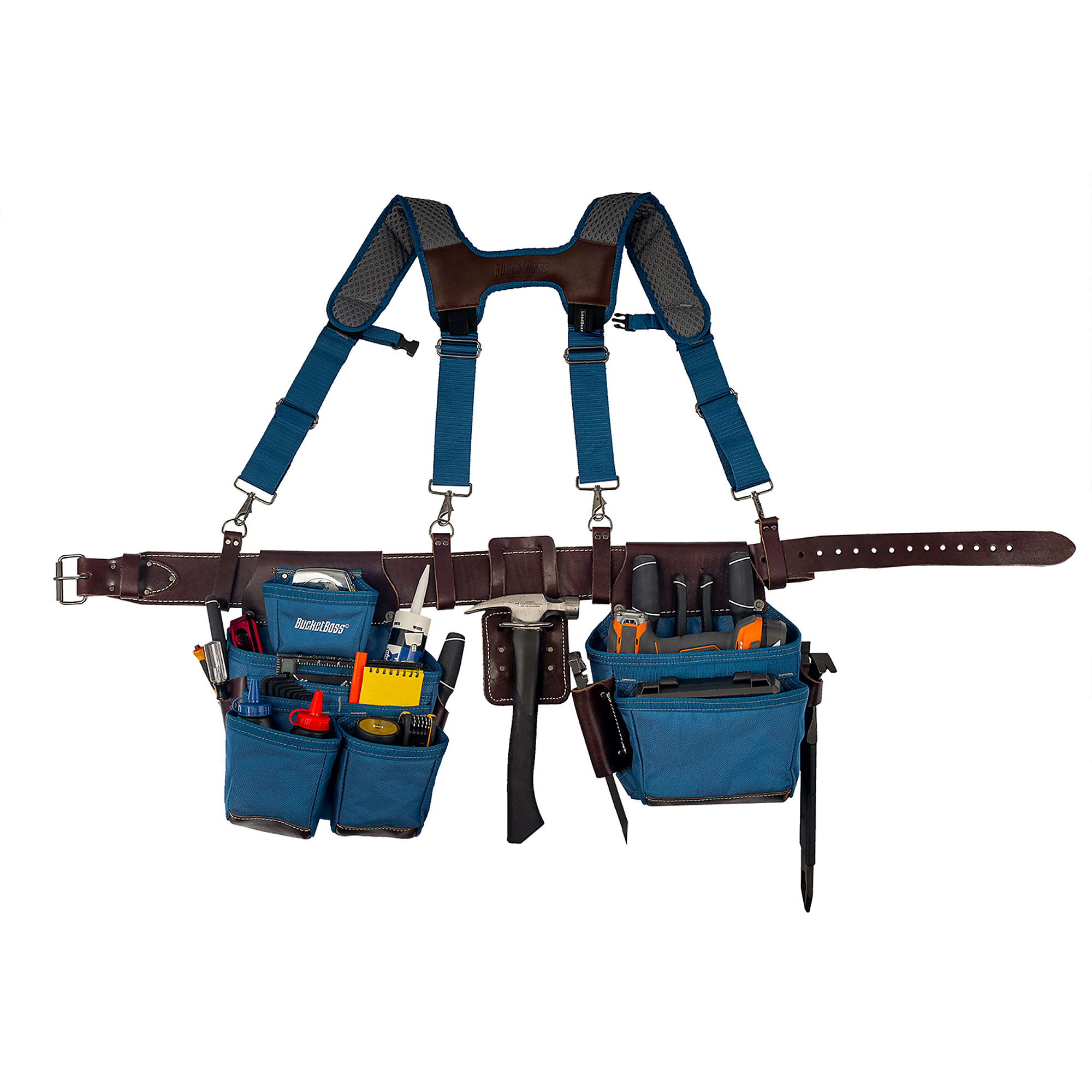 Bucket Boss, Tool Belt with Suspenders, Color Blue, Pockets (qty.) 19