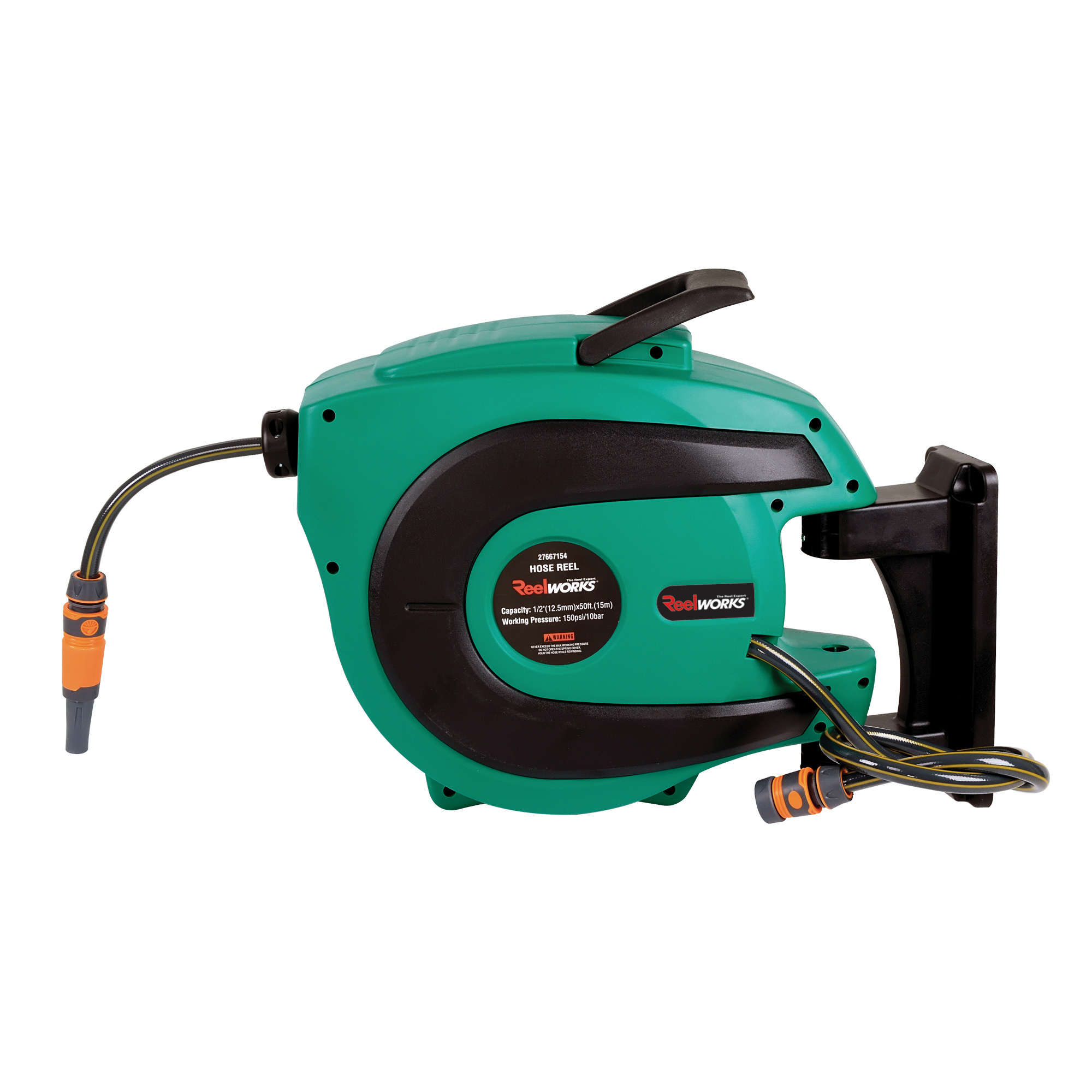 ReelWorks, Retractable Water Hose Reel 1/2in.x50ft., Hose Length Capacity  50 ft, Color Green, Model# TRI-GUR005