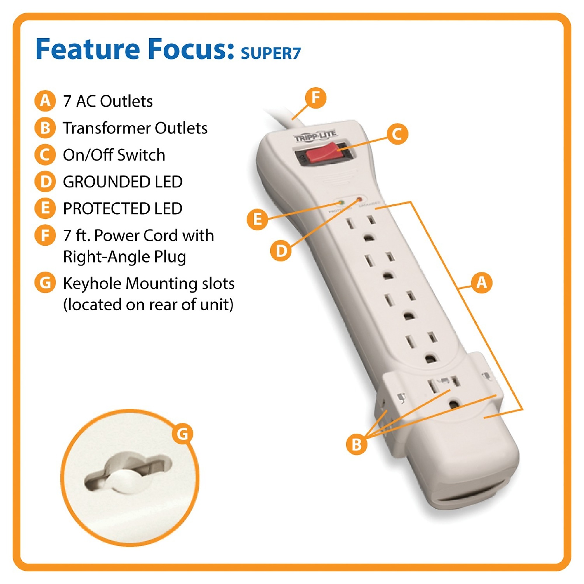 Tripp Lite Protect It!®, 7Outlet Surge Protector, Cord Length 7 ft