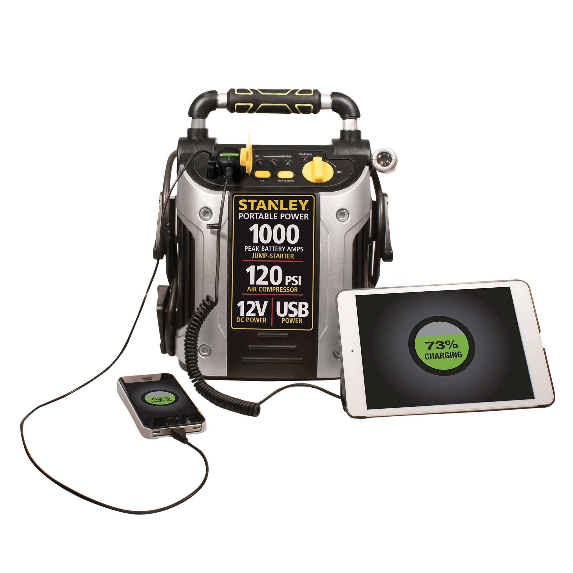 Stanley, Rechargeable Jump Starter and Air Compressor, Amps 500 Volts ...