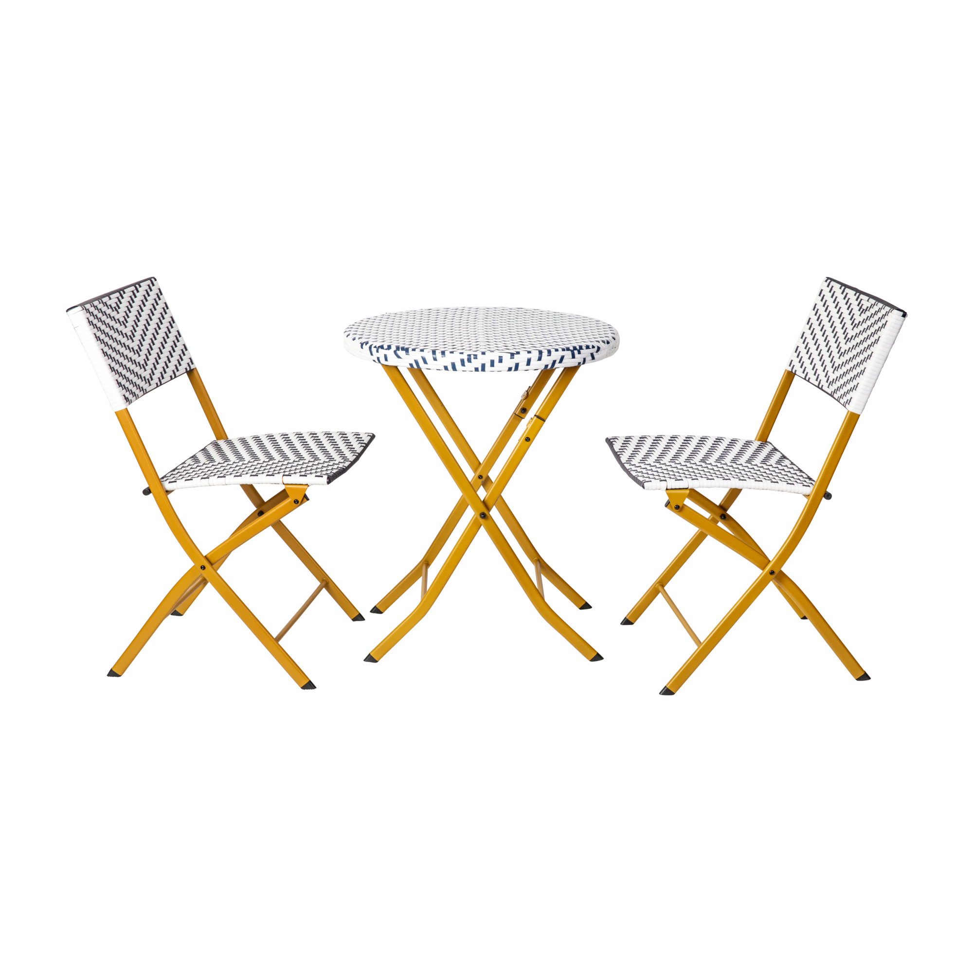 Flash Furniture, 3PC Navy/White PE Rattan Folding Bistro Set, Pieces (qty.) 3 Primary Color Blue, Seating Capacity 2 Model# FVFWA085NVYWHT